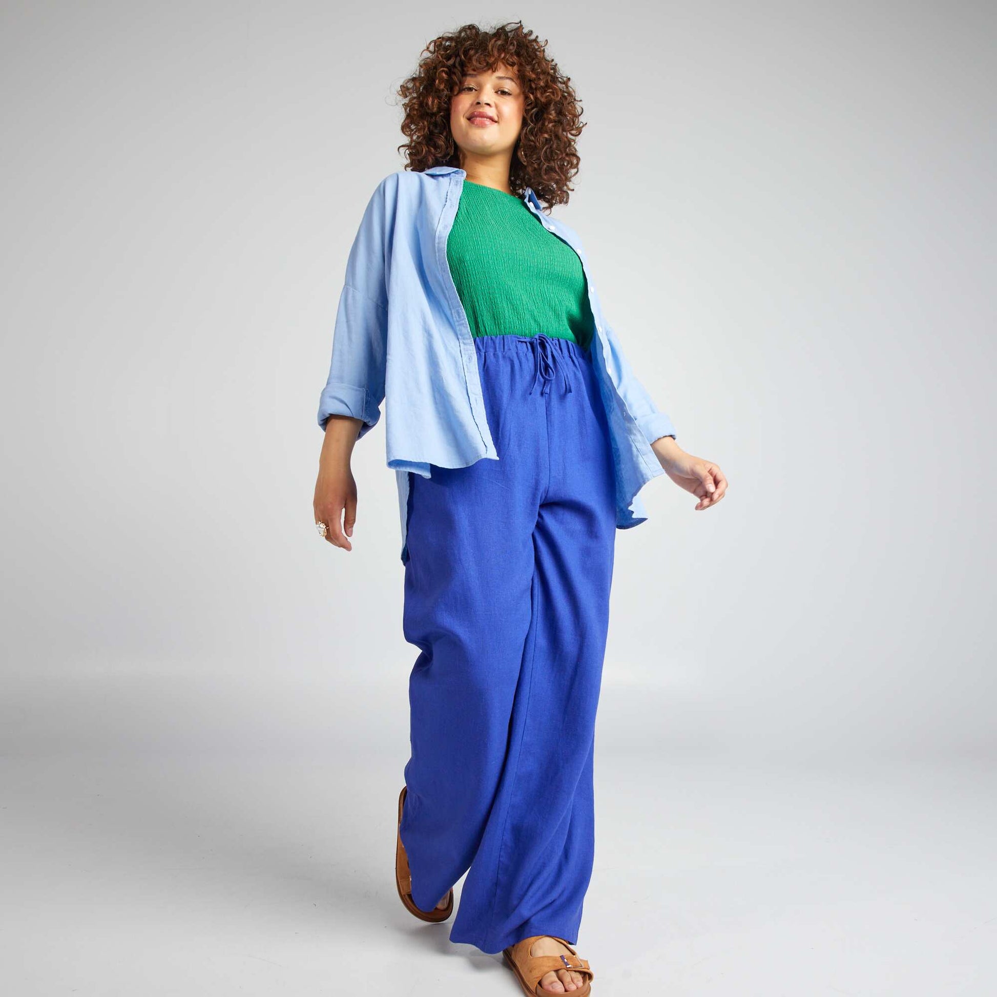 Pantalon large en lin mélangé BLEU