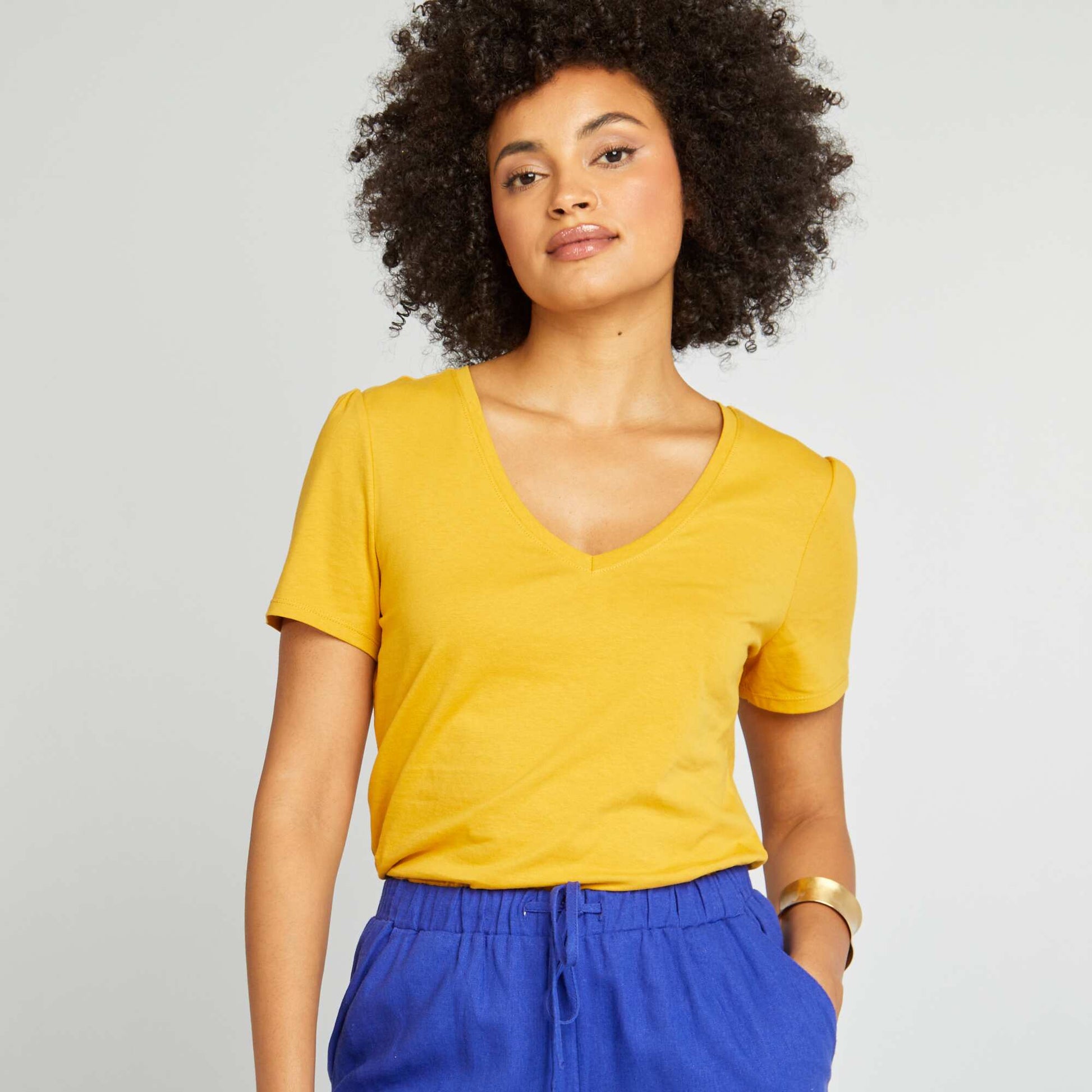 Tee-shirt basique col V JAUNE