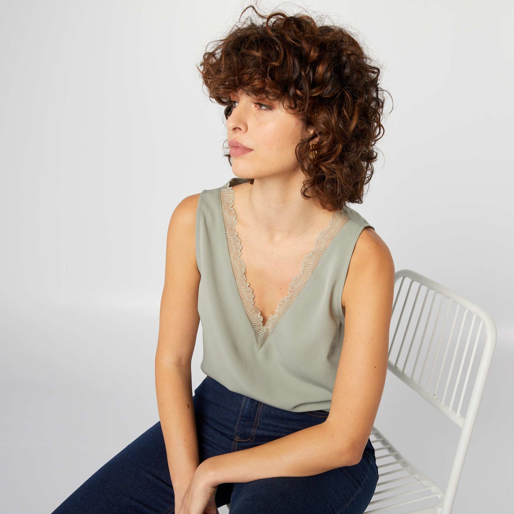 Blouse sans manches avec col en dentelle VERT