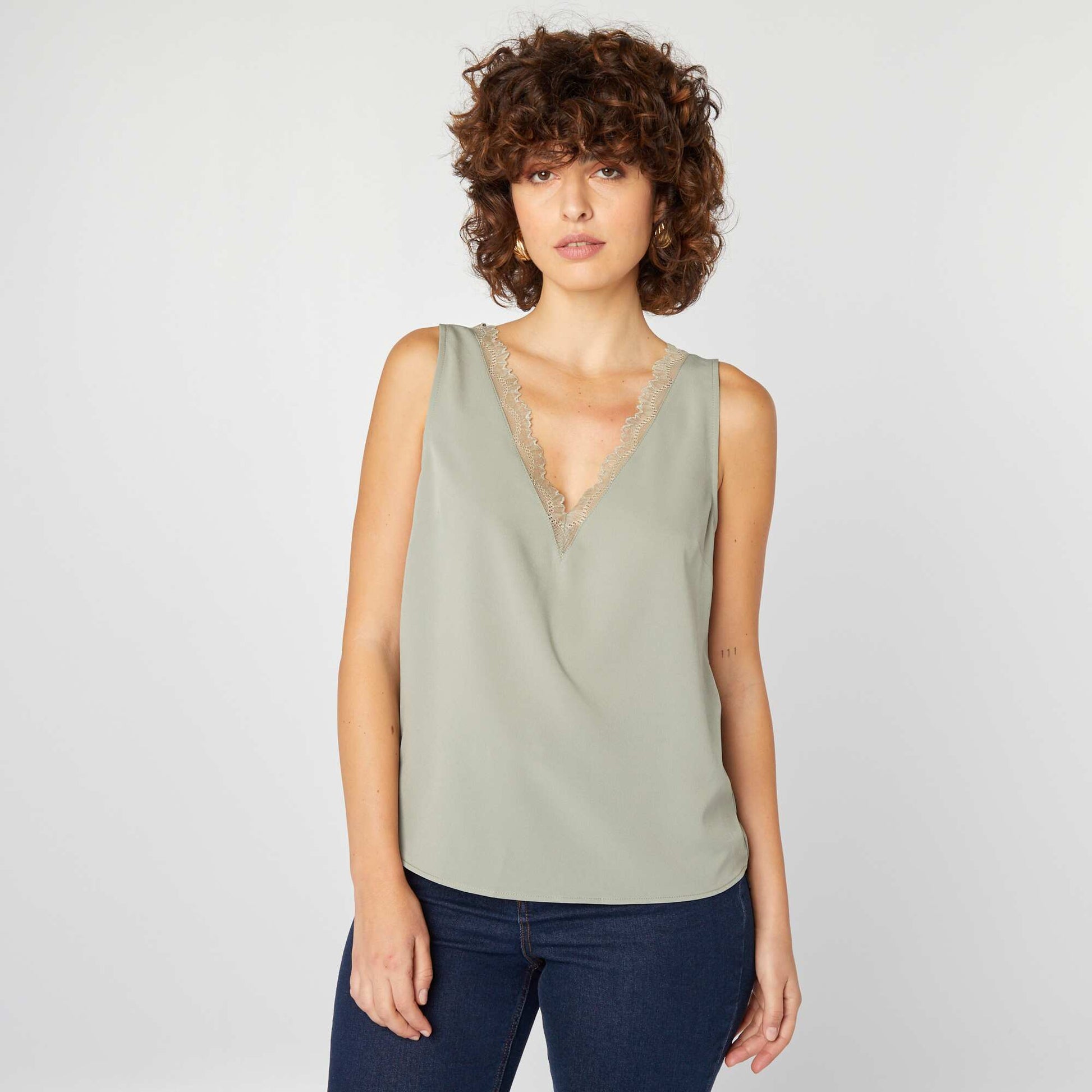 Blouse sans manches avec col en dentelle VERT