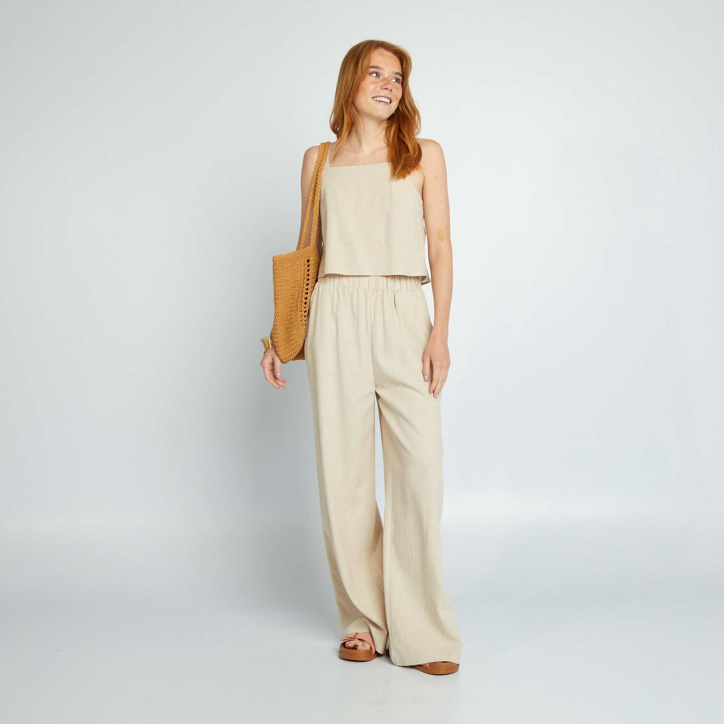 Top à col droit en lin mélangé BEIGE