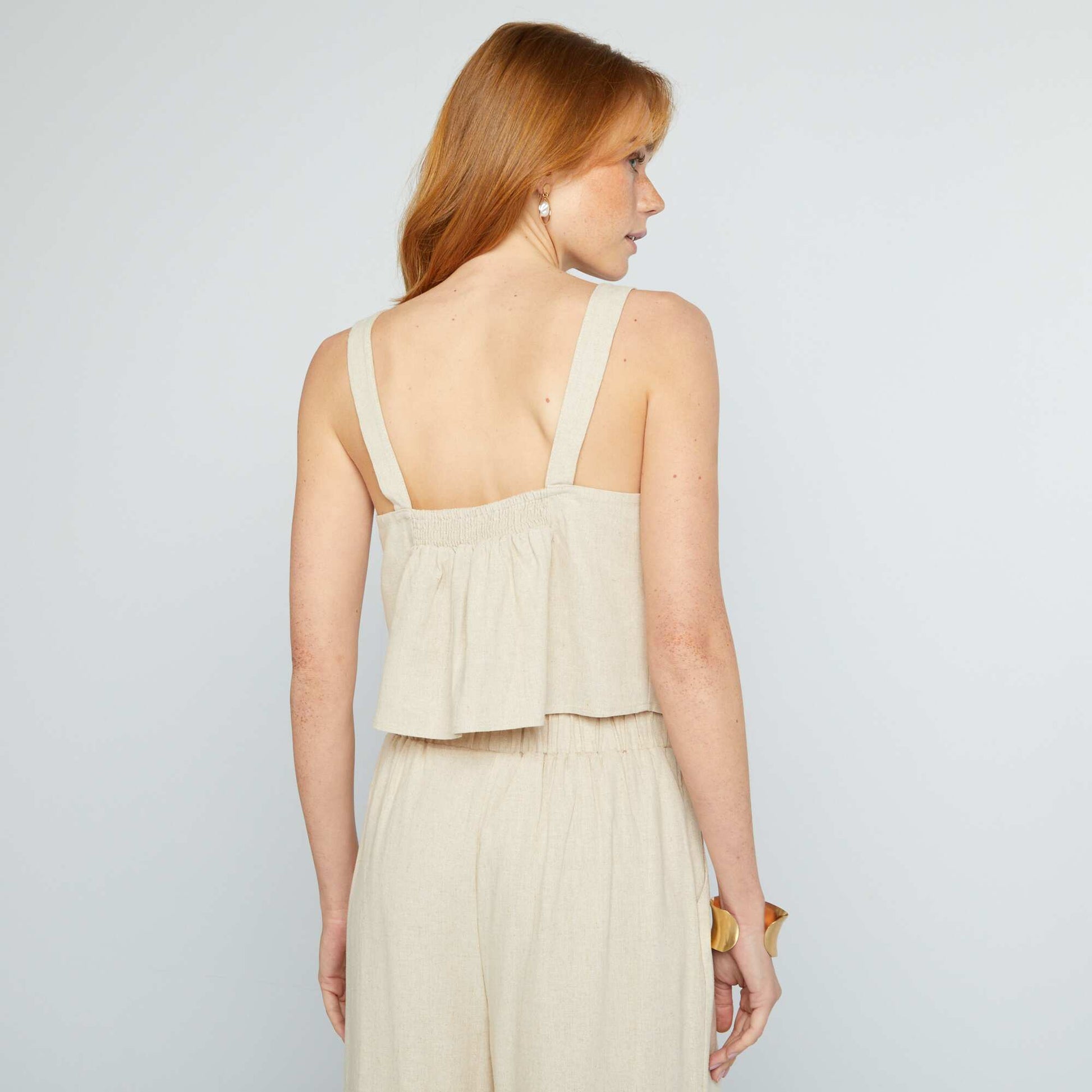 Top à col droit en lin mélangé BEIGE