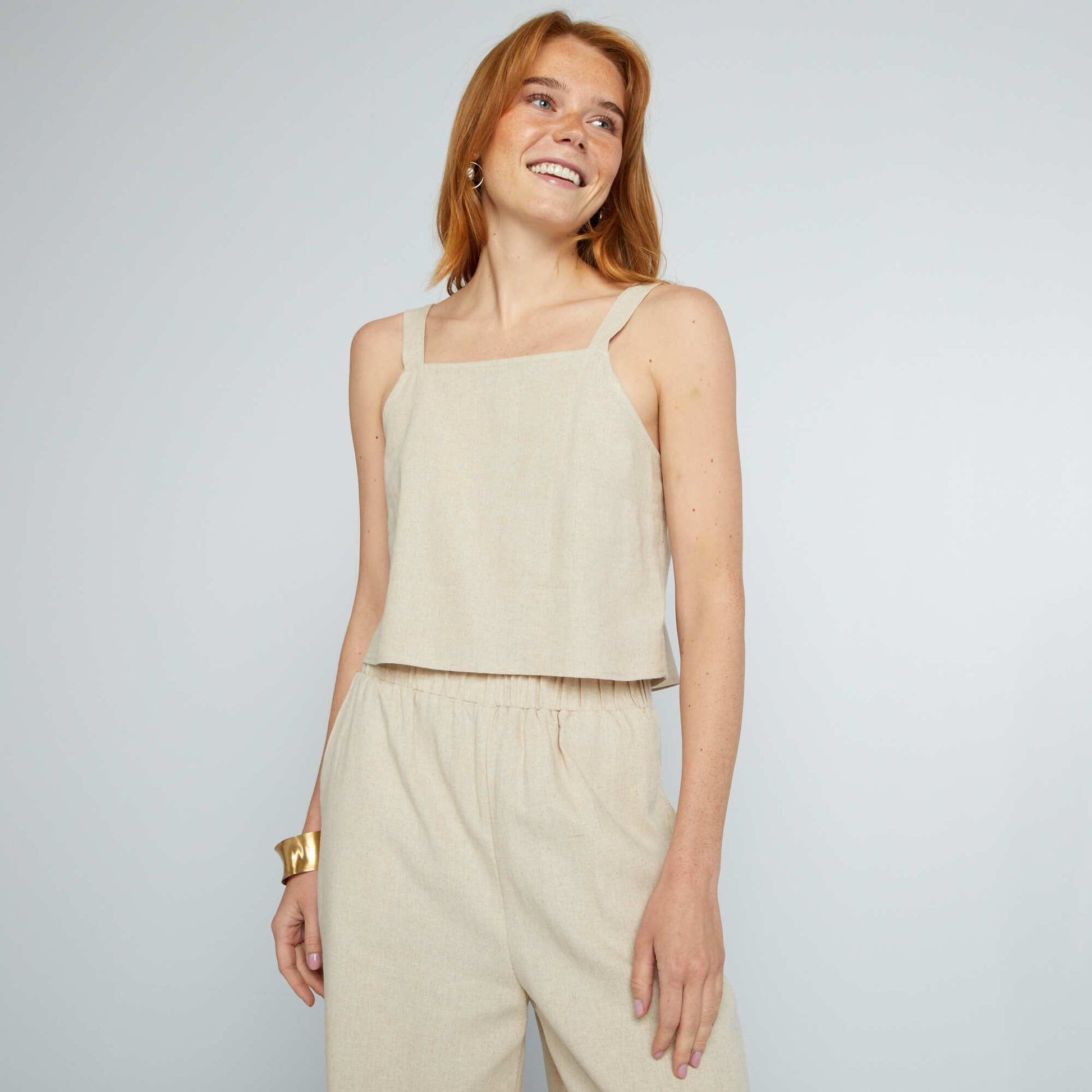 Top à col droit en lin mélangé BEIGE