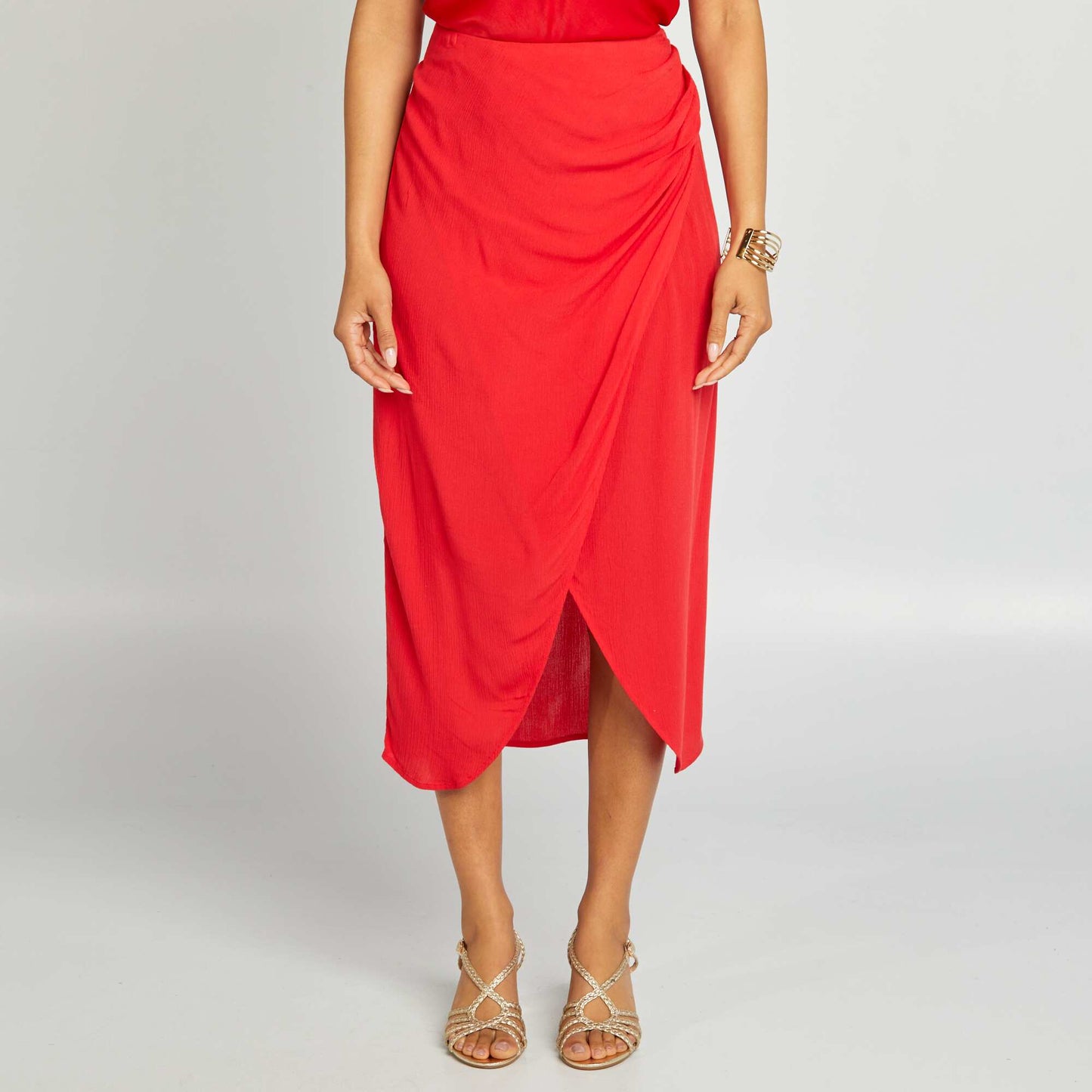 Jupe midi portefeuille unie ROUGE