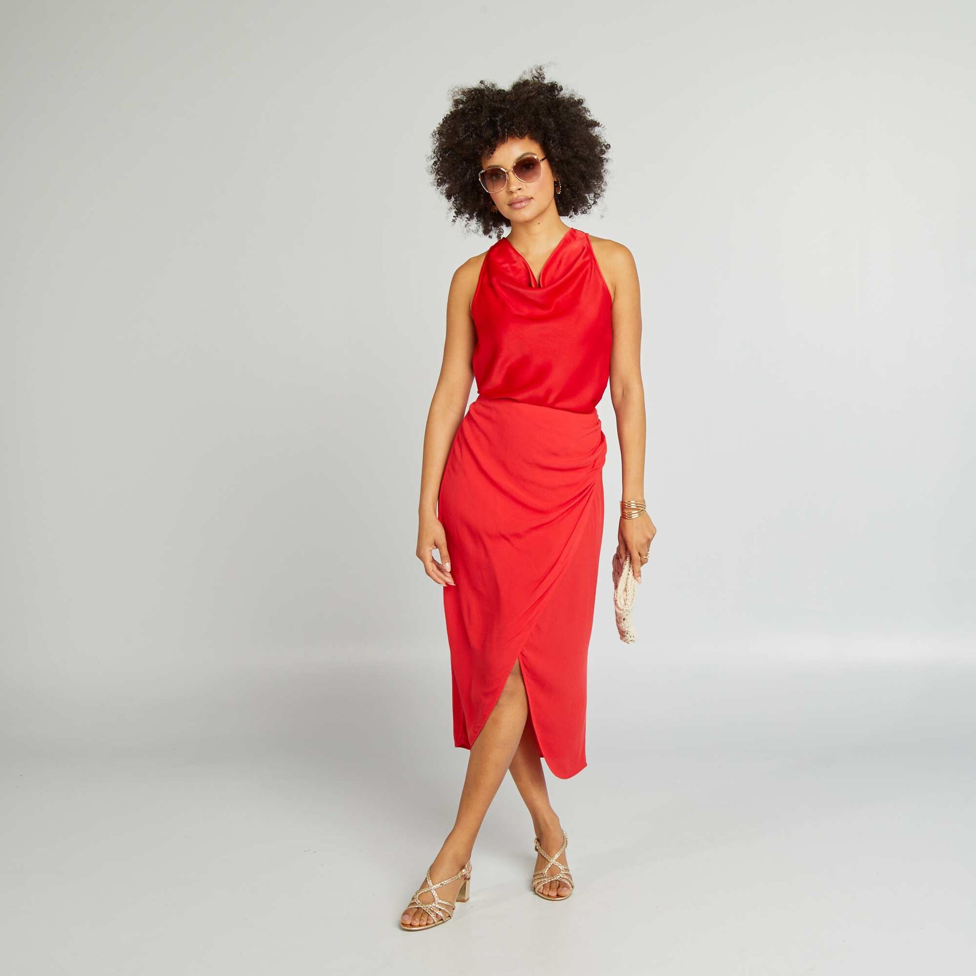 Jupe midi portefeuille unie ROUGE