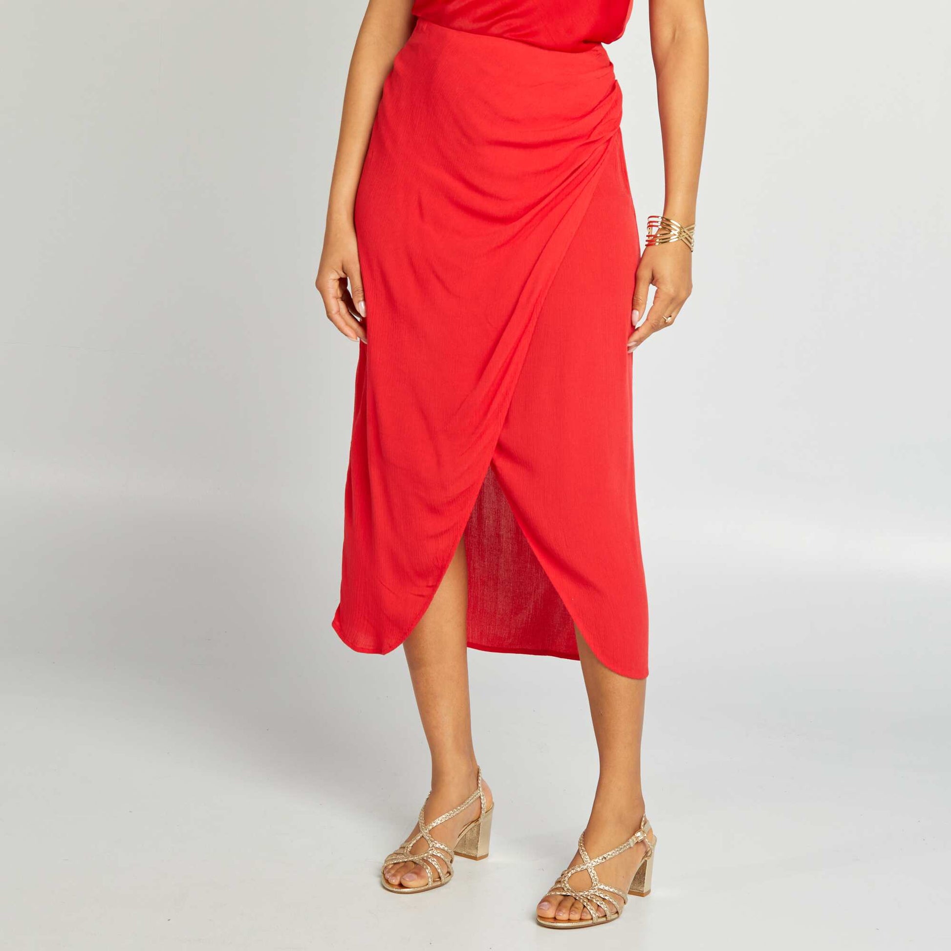 Jupe midi portefeuille unie ROUGE