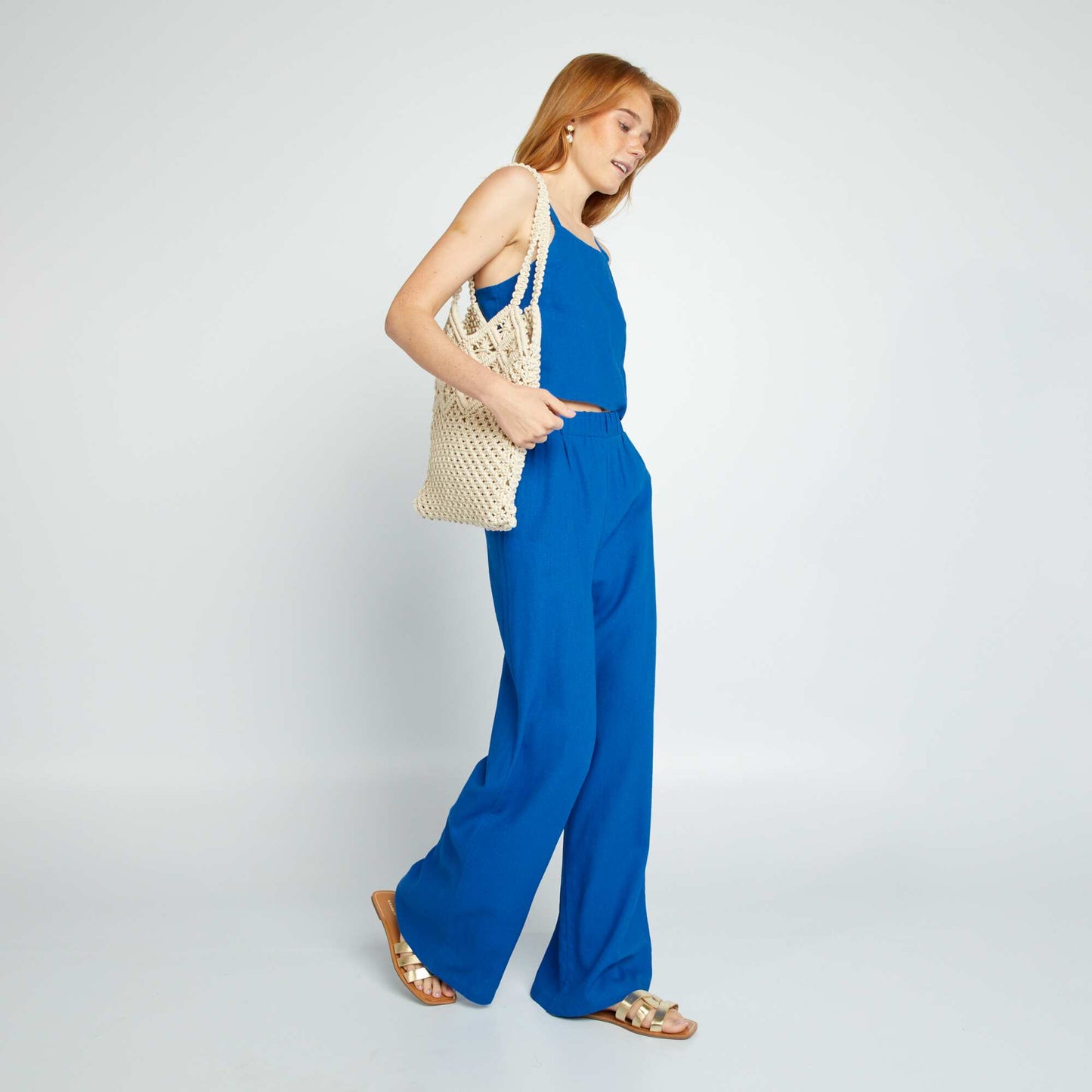 Pantalon large en lin mélangé BLEU