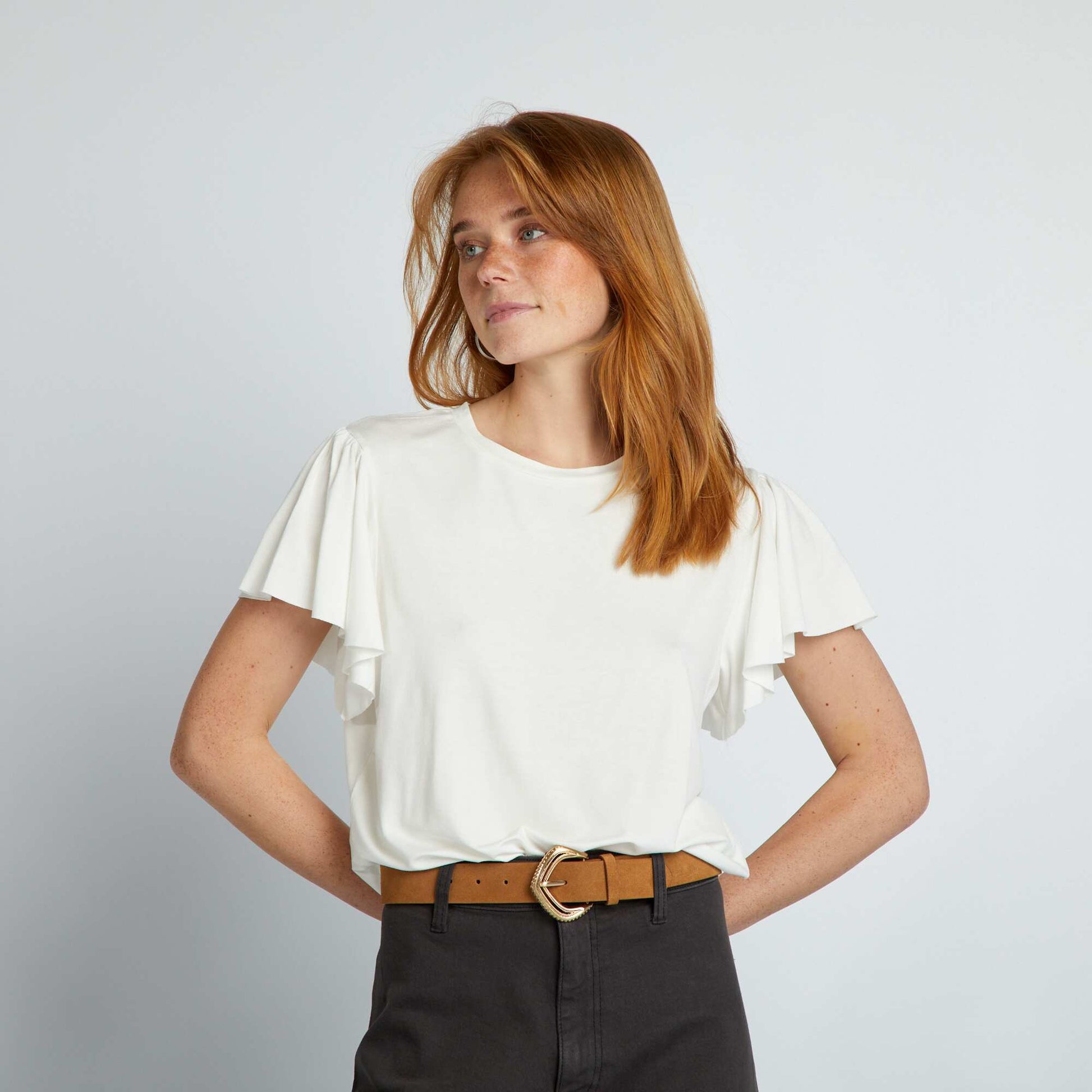 T-shirt à manches volantées BLANC