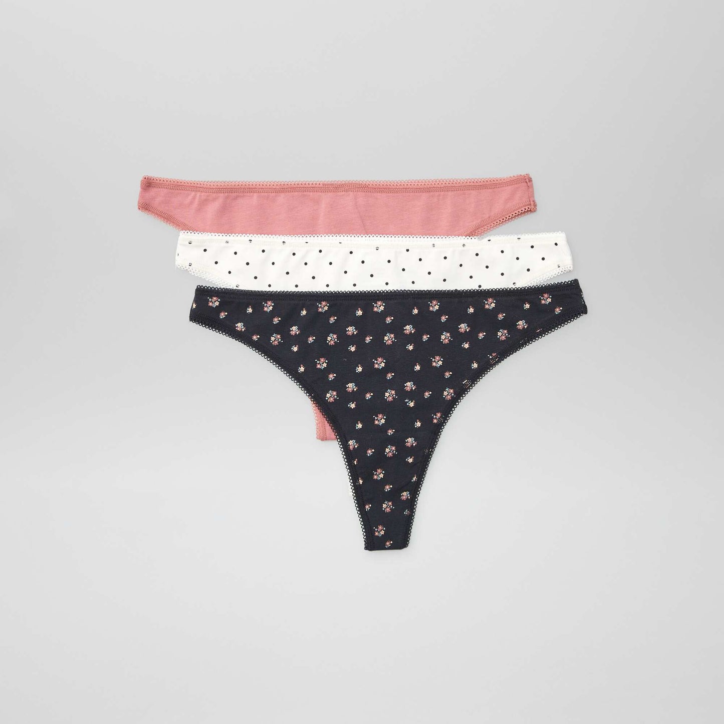 Lot de 3 tangas en coton éCRU/NOIR/ROSE