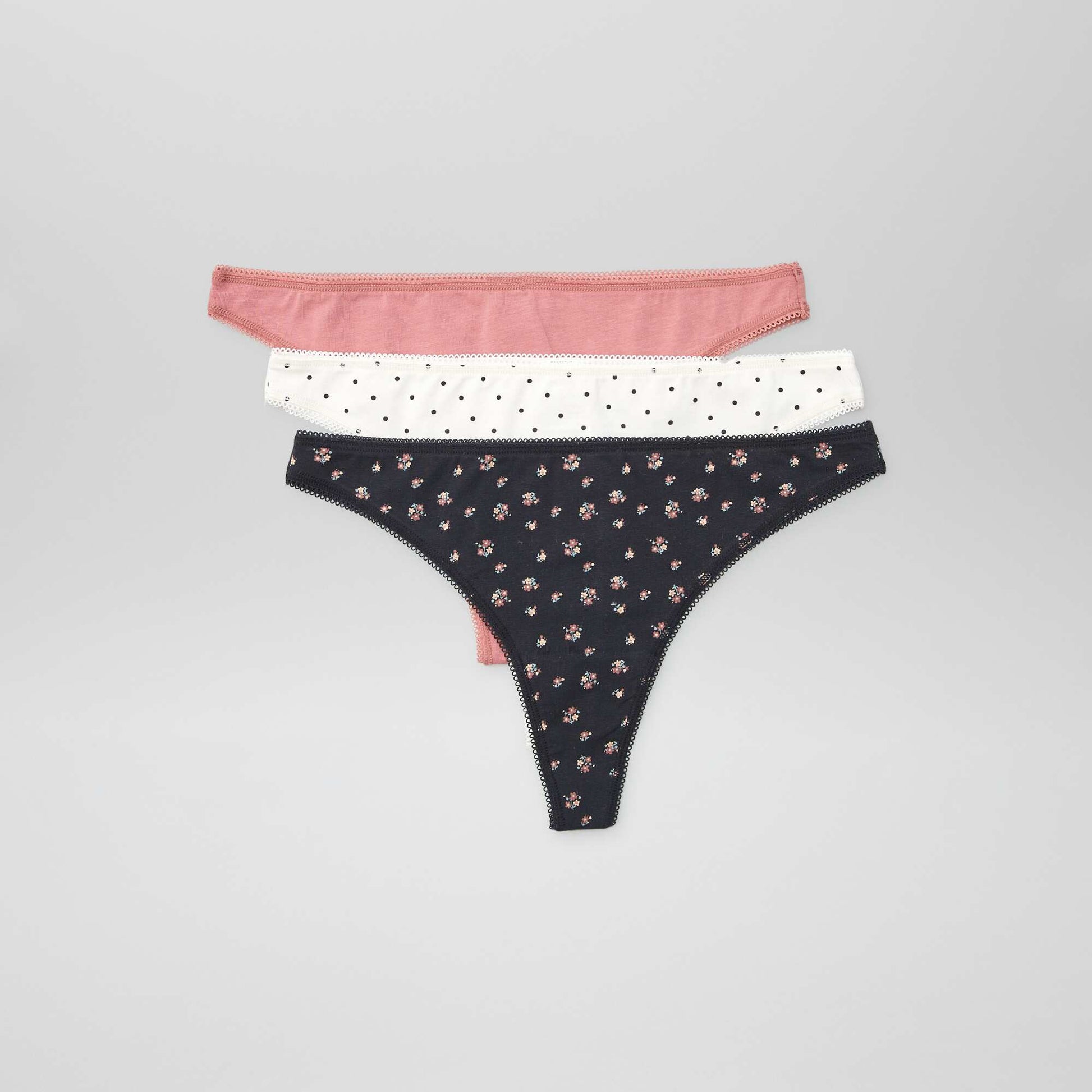 Lot de 3 tangas en coton éCRU/NOIR/ROSE