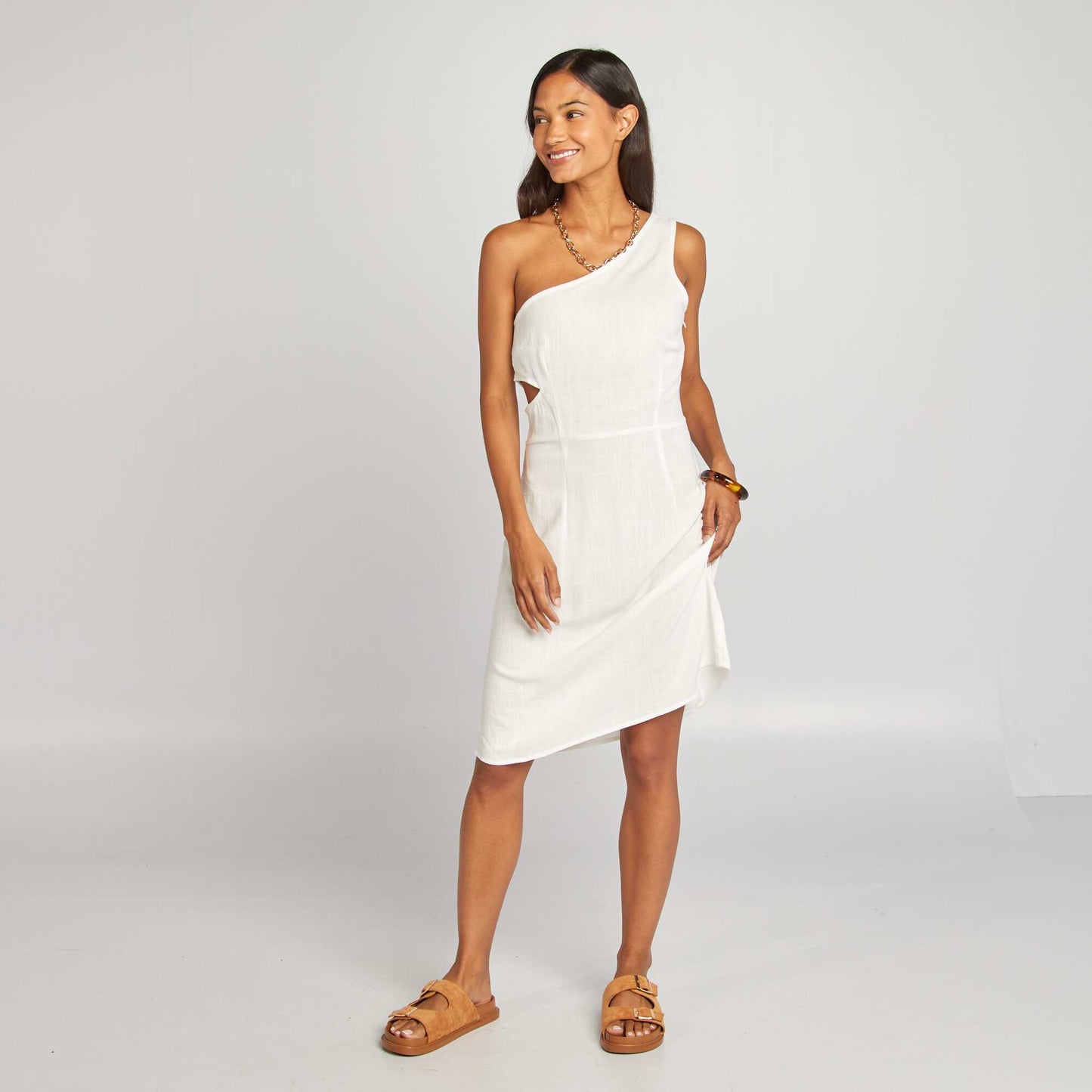 Robe one shoulder en lin mélangé BLANC