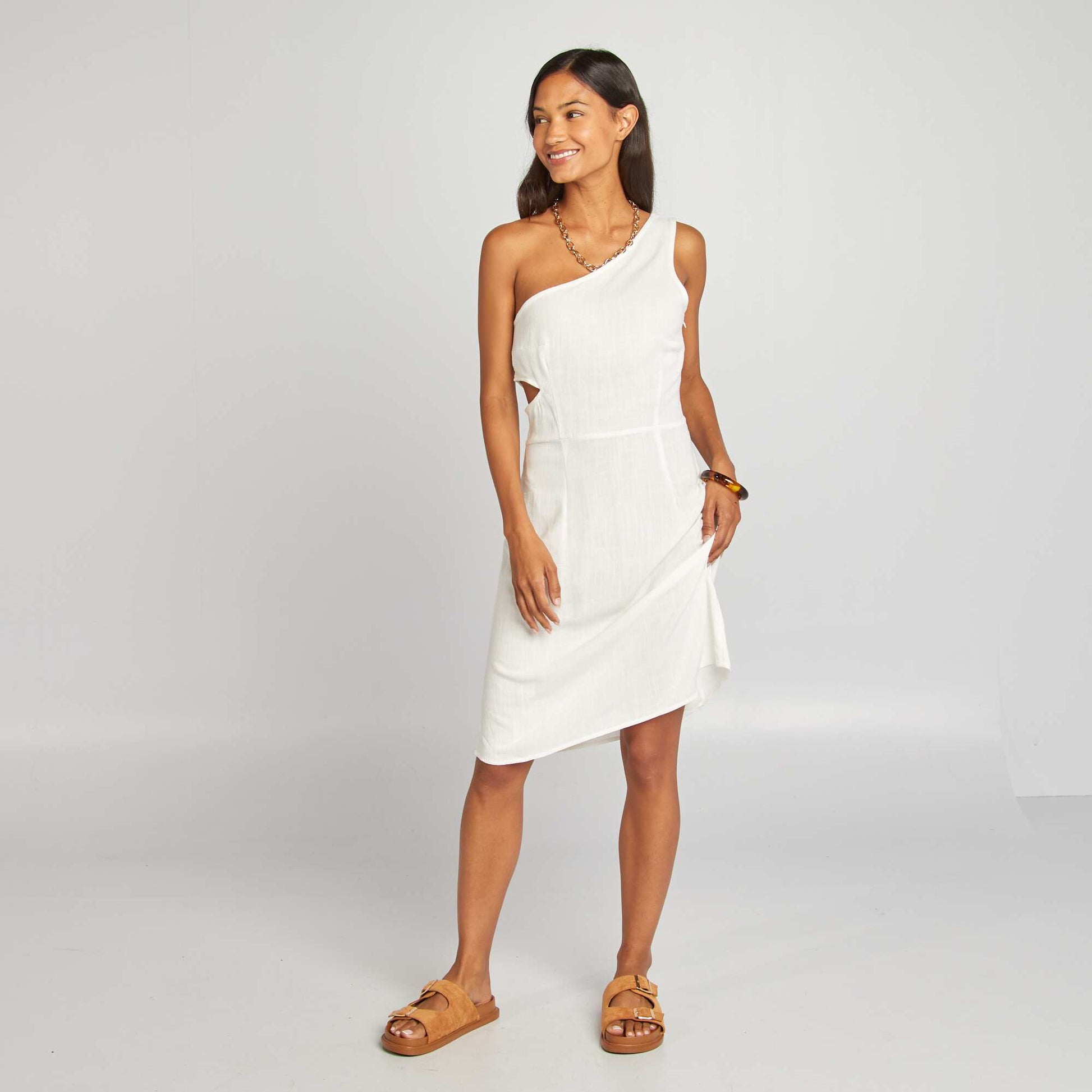 Robe one shoulder en lin mélangé BLANC
