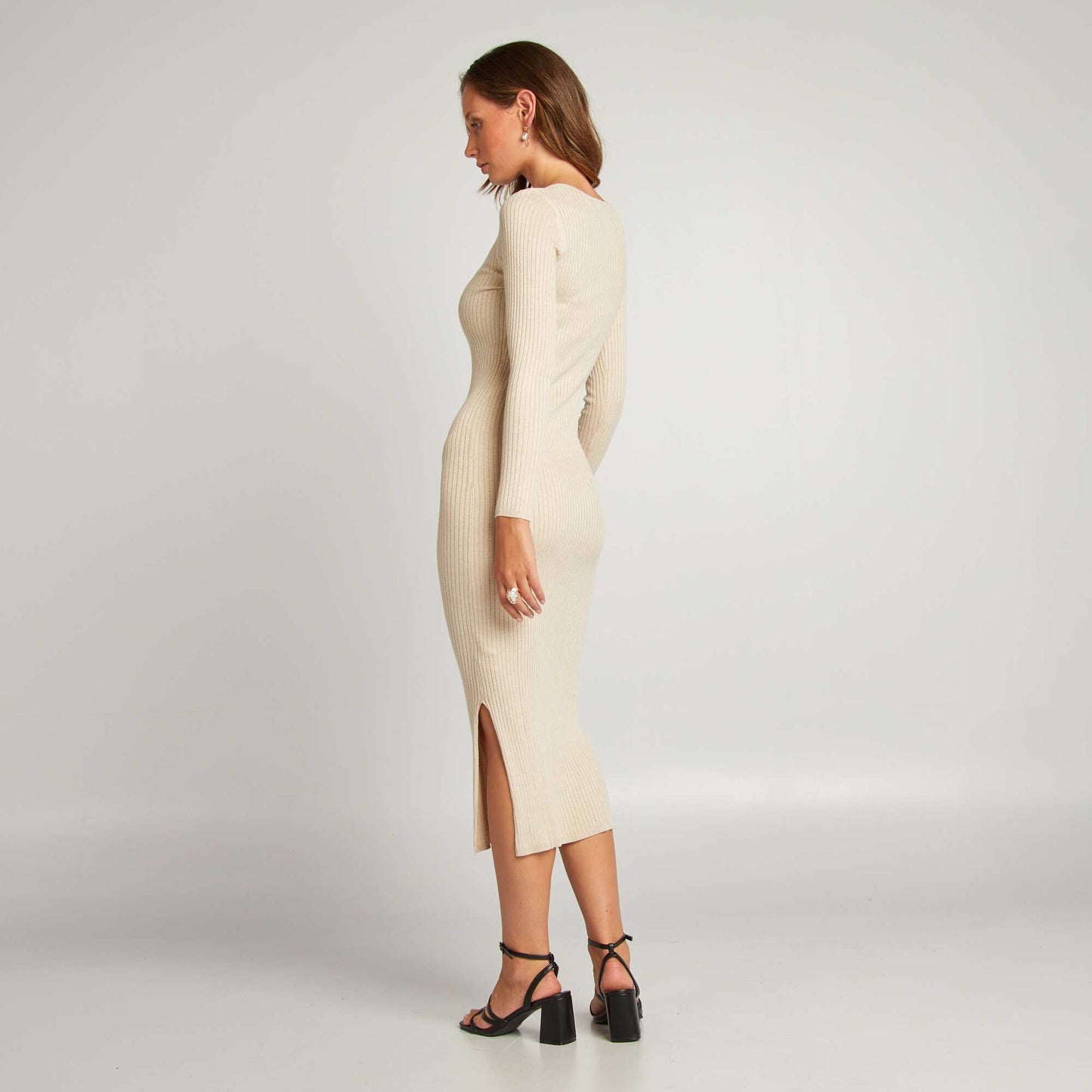 Robe pull moulante en maille côtelée BEIGE