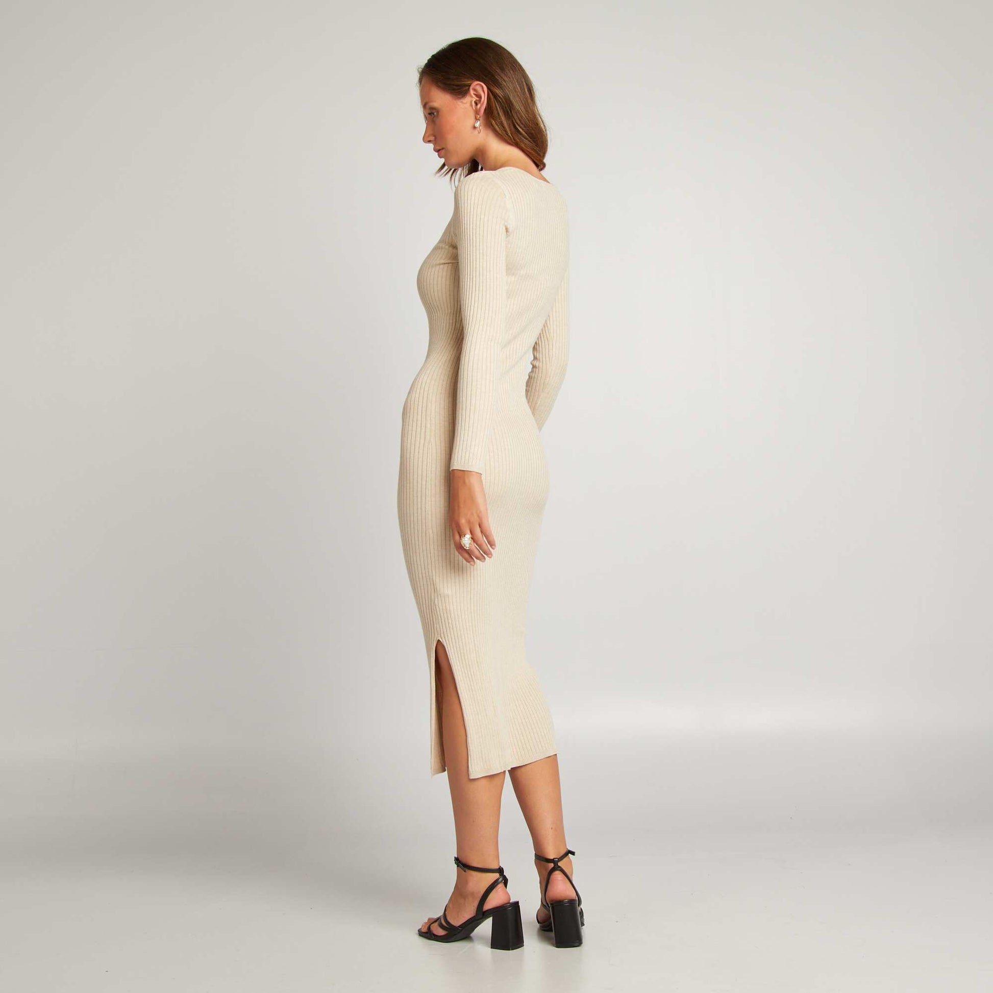 Robe pull moulante en maille côtelée BEIGE