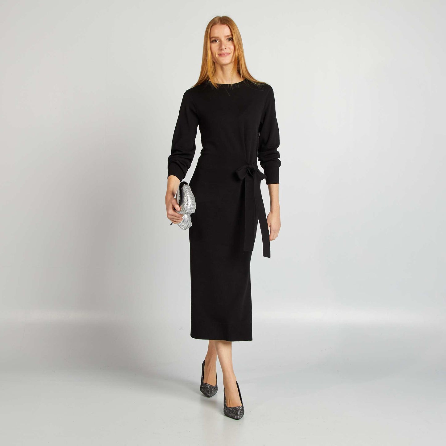 Robe pull midi à ceinturer NOIR