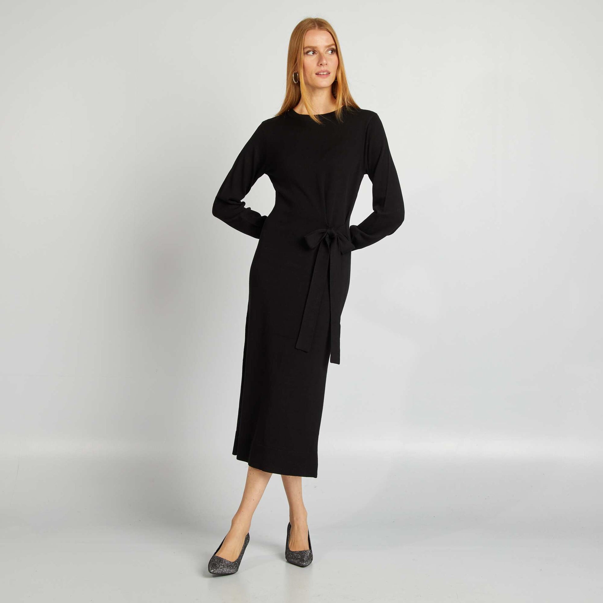 Robe pull midi à ceinturer NOIR