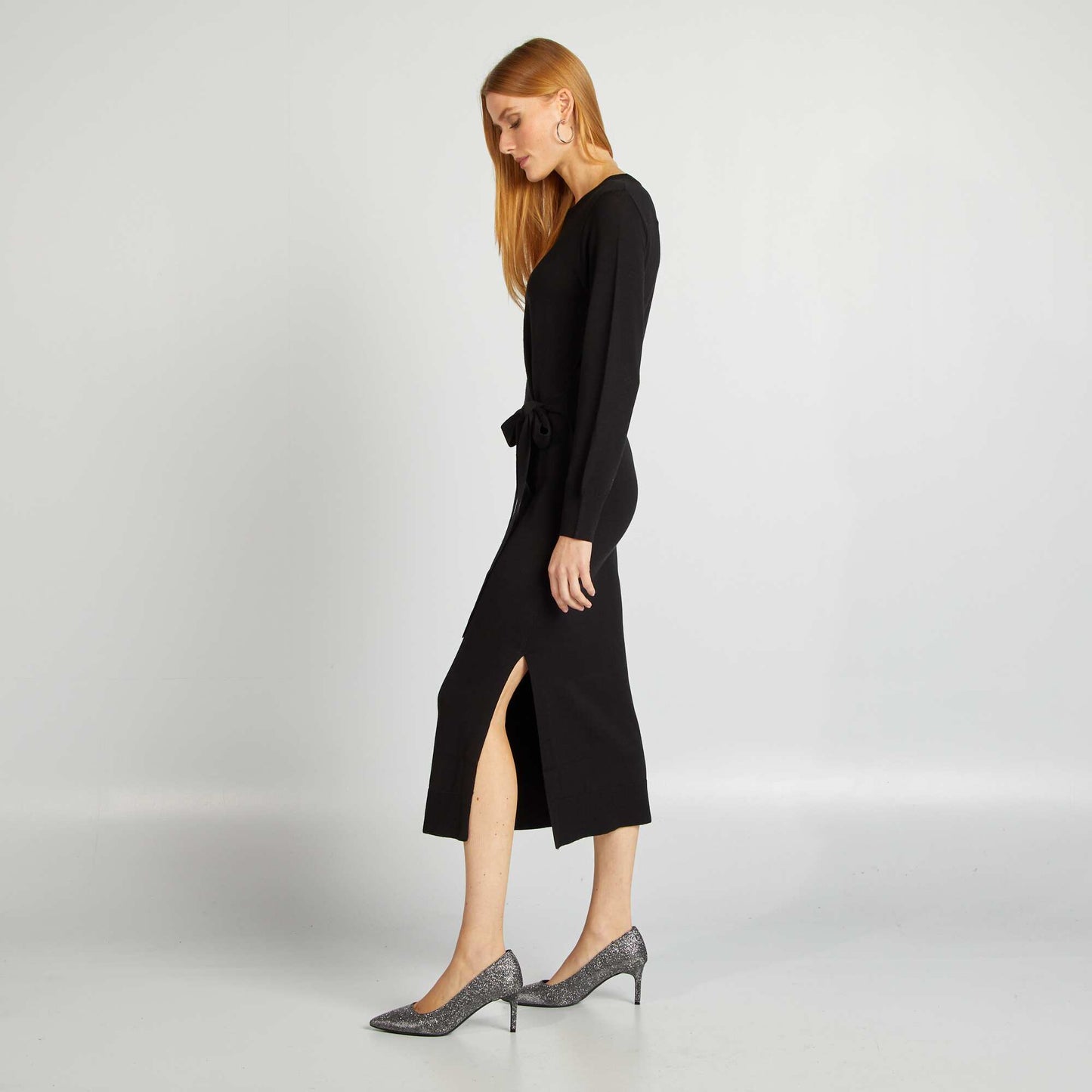 Robe pull midi à ceinturer NOIR