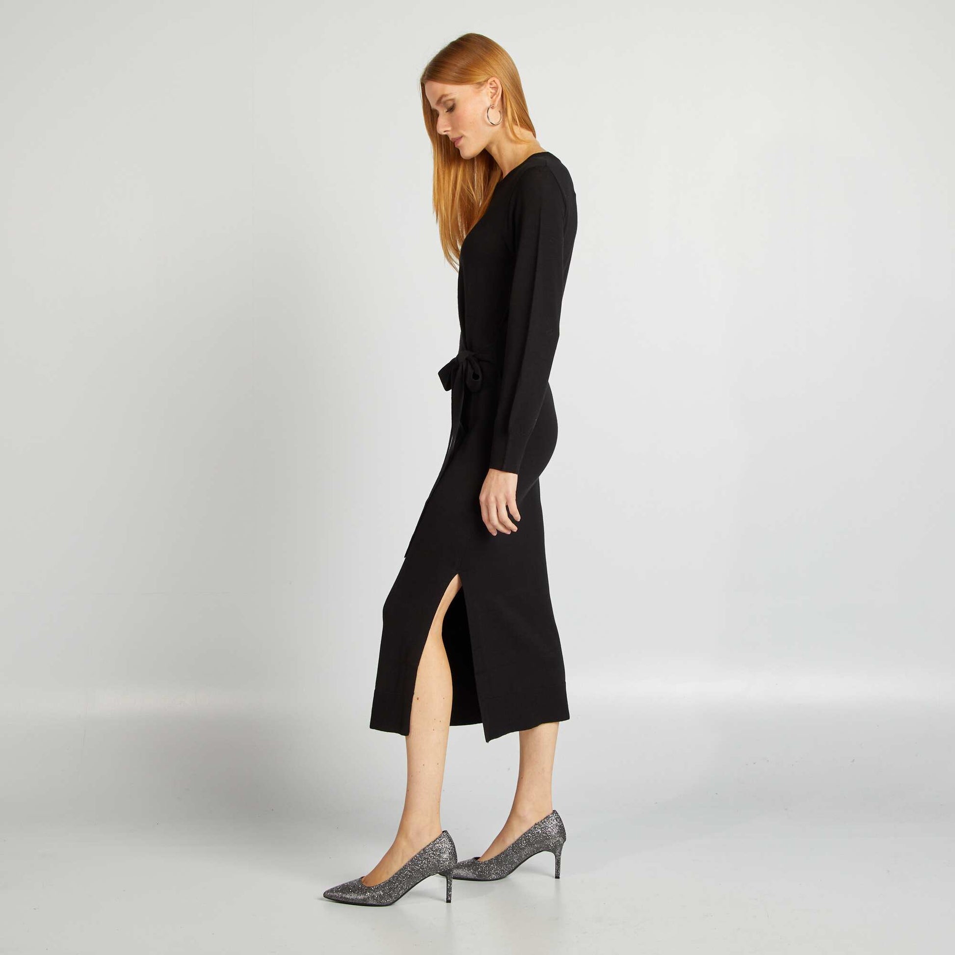 Robe pull midi à ceinturer NOIR