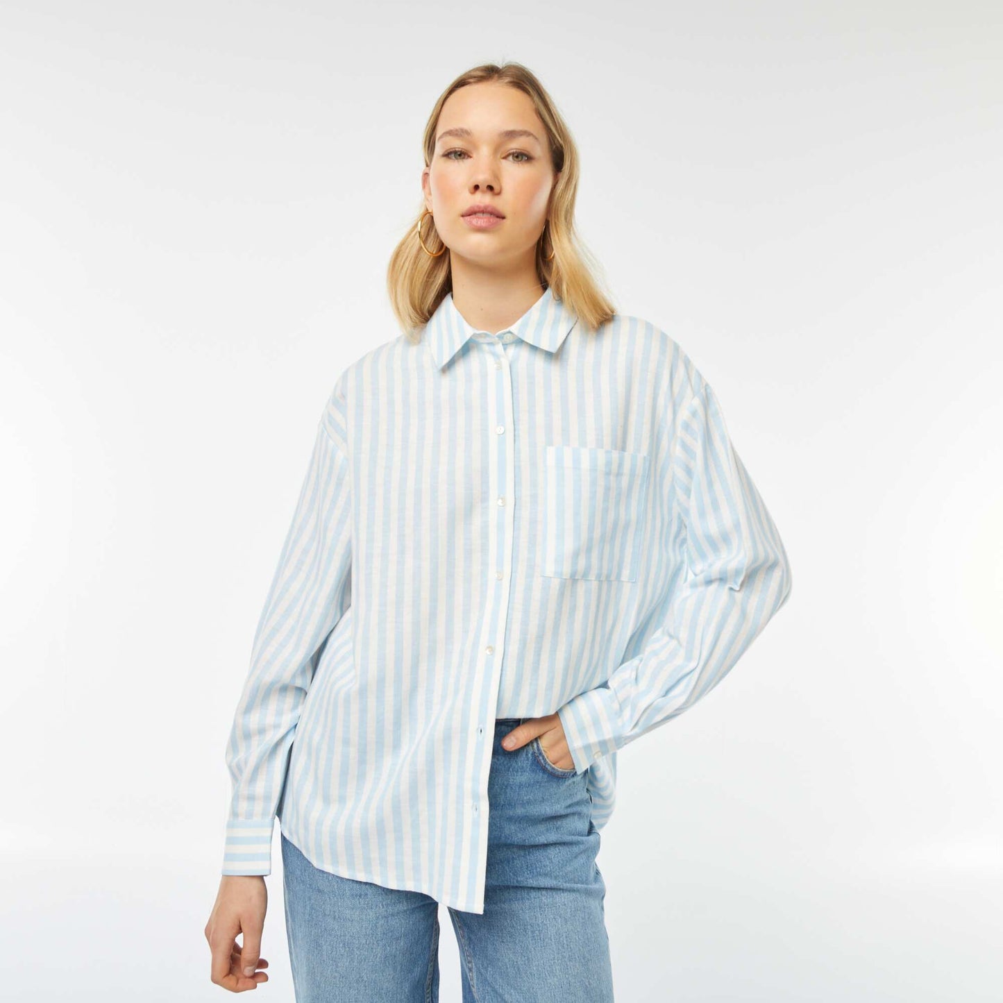 Chemisier long avec poche poitrine avec 20% de lin BLEU RAYé
