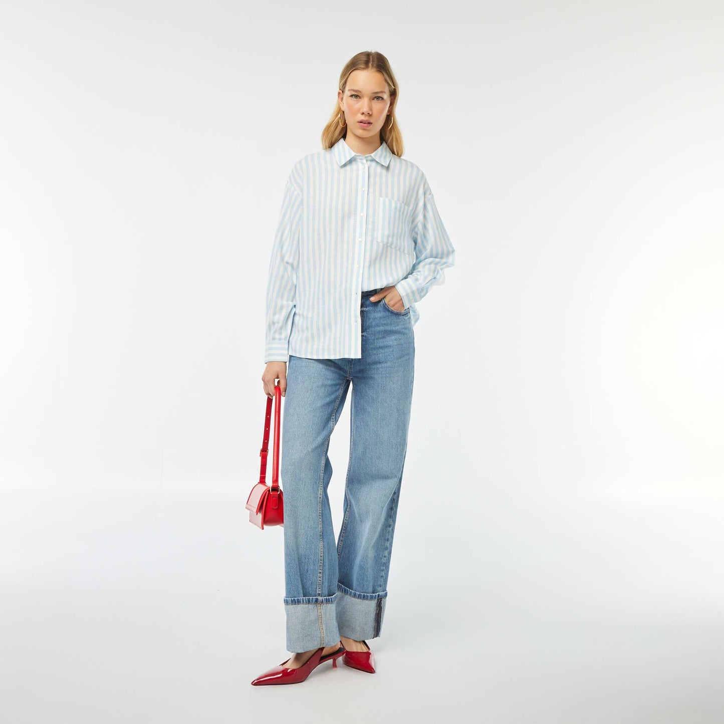 Chemisier long avec poche poitrine avec 20% de lin BLEU RAYé