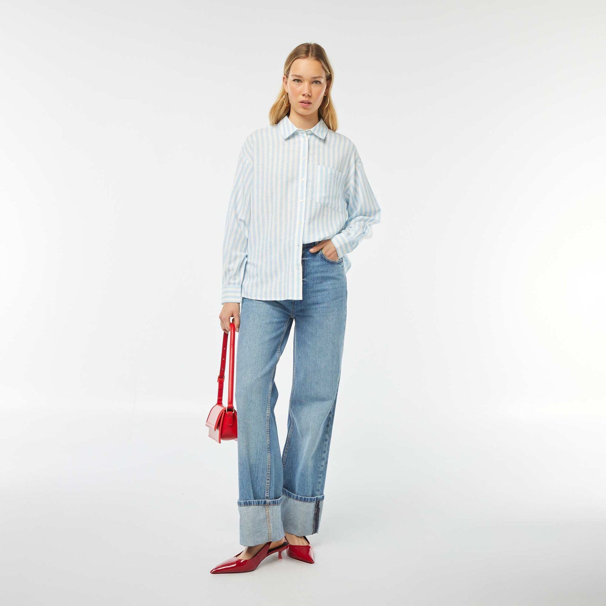 Chemisier long avec poche poitrine avec 20% de lin BLEU RAYé