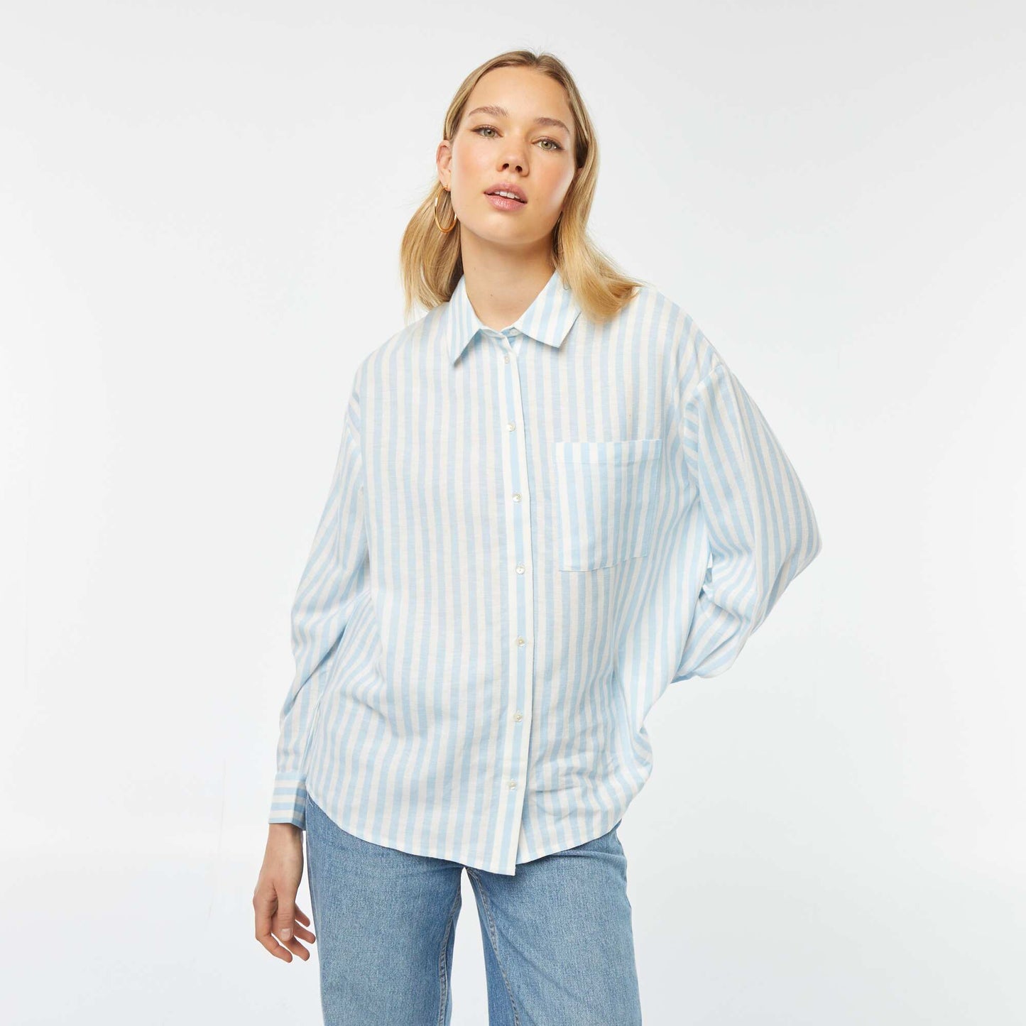 Chemisier long avec poche poitrine avec 20% de lin BLEU RAYé
