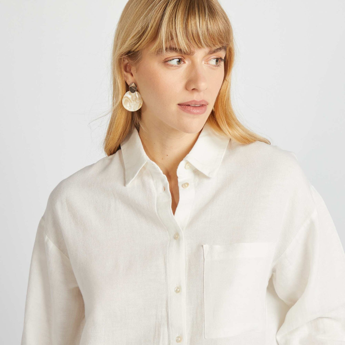 Chemisier long avec poche poitrine avec 20% de lin BLANC