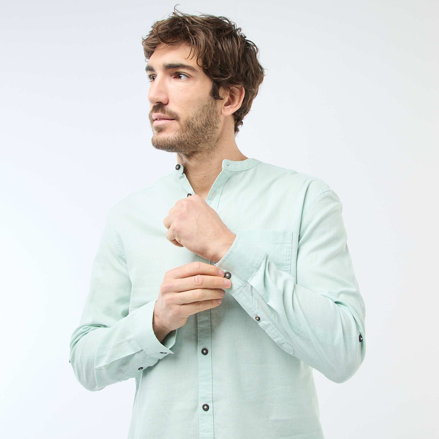 Chemise col mao avec lin VERT