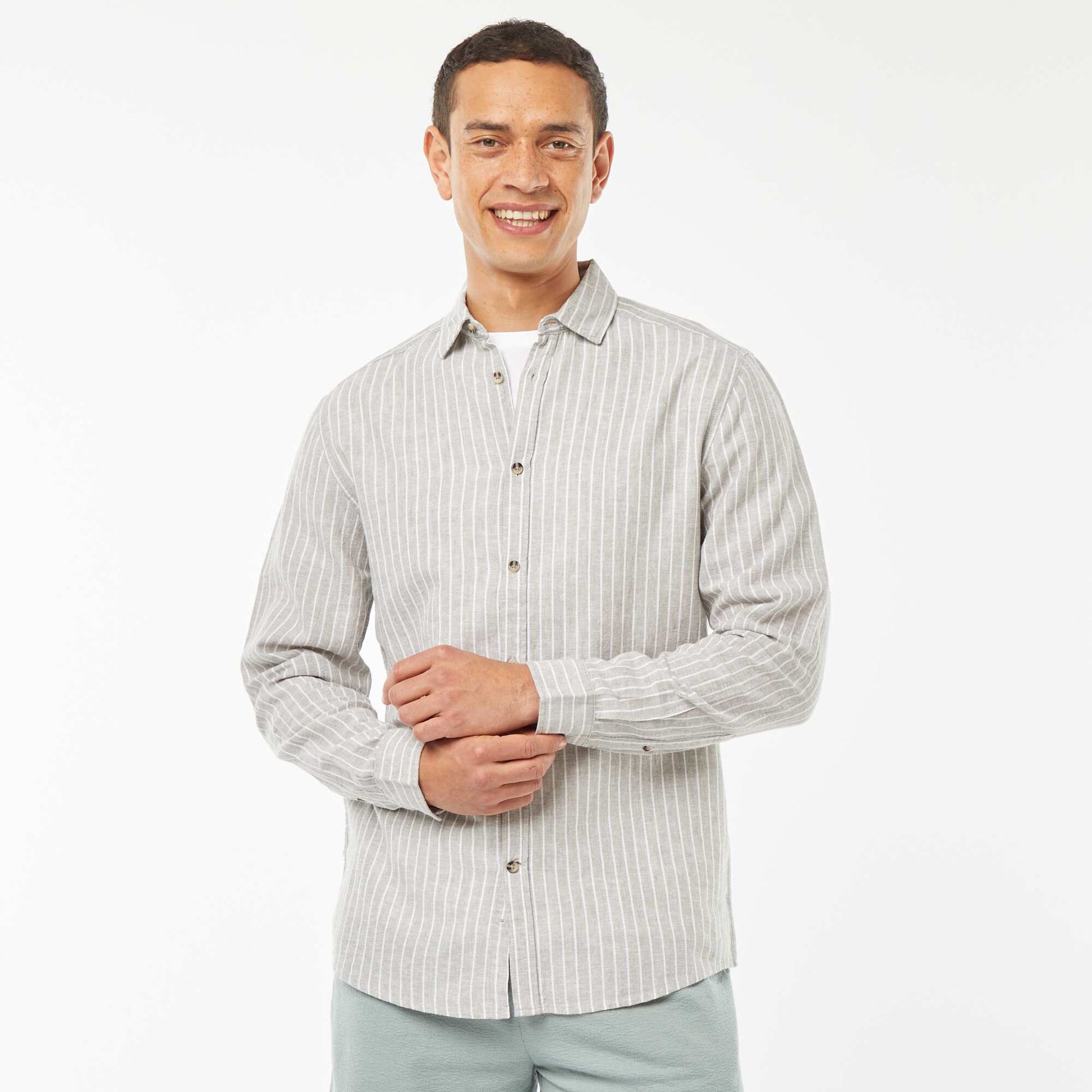 Chemise en lin mélangé rayée VERT