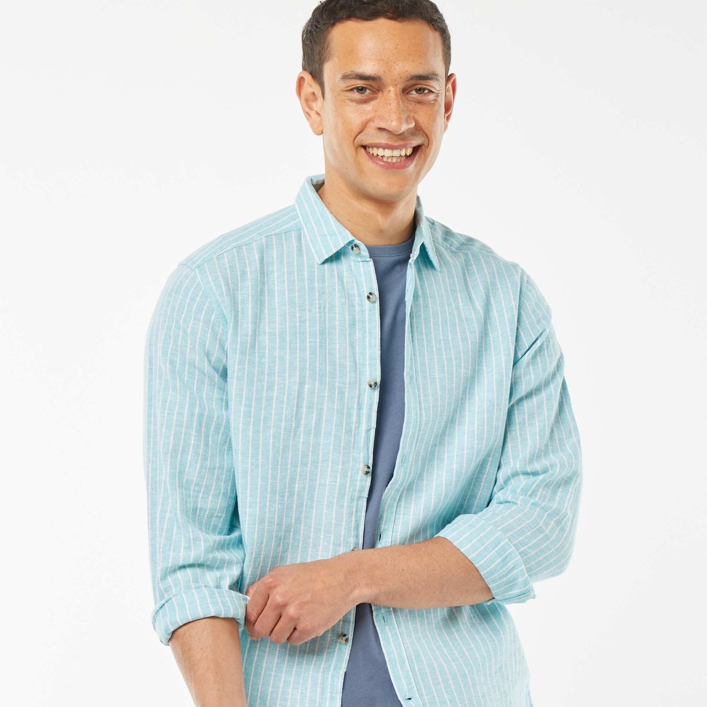 Chemise en lin mélangé rayée BLEU