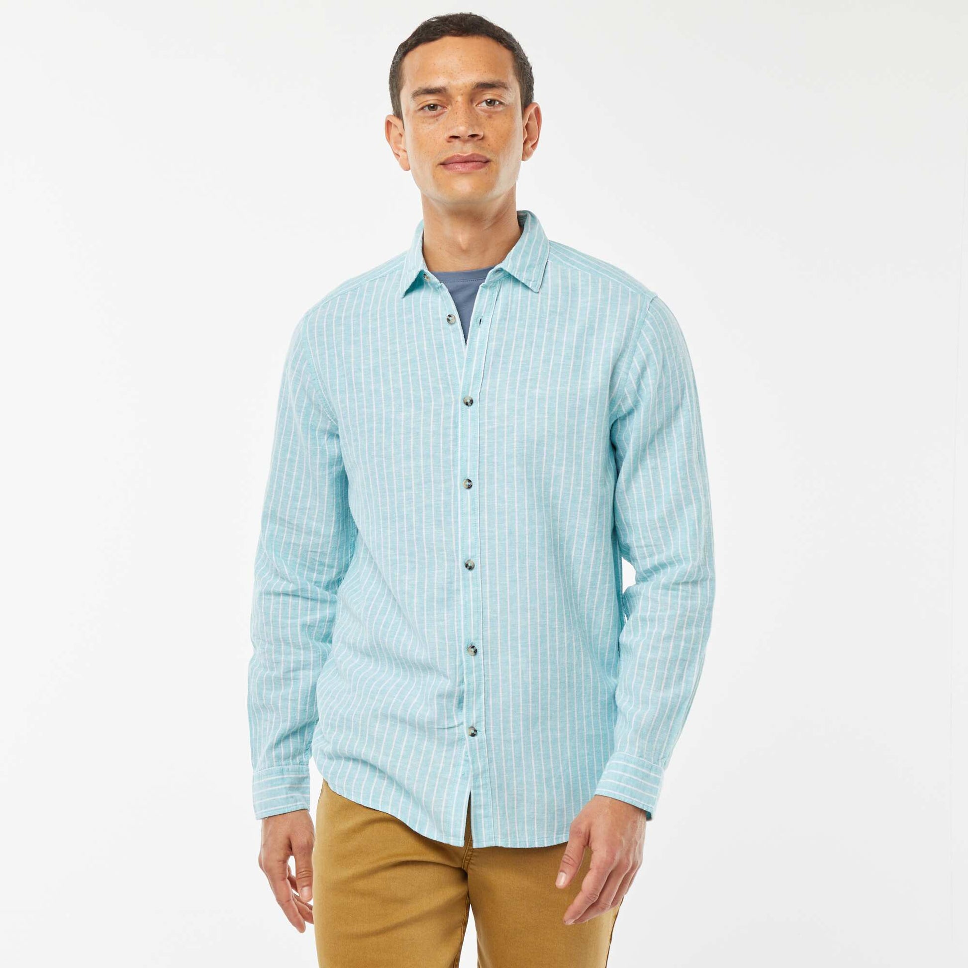Chemise en lin mélangé rayée BLEU