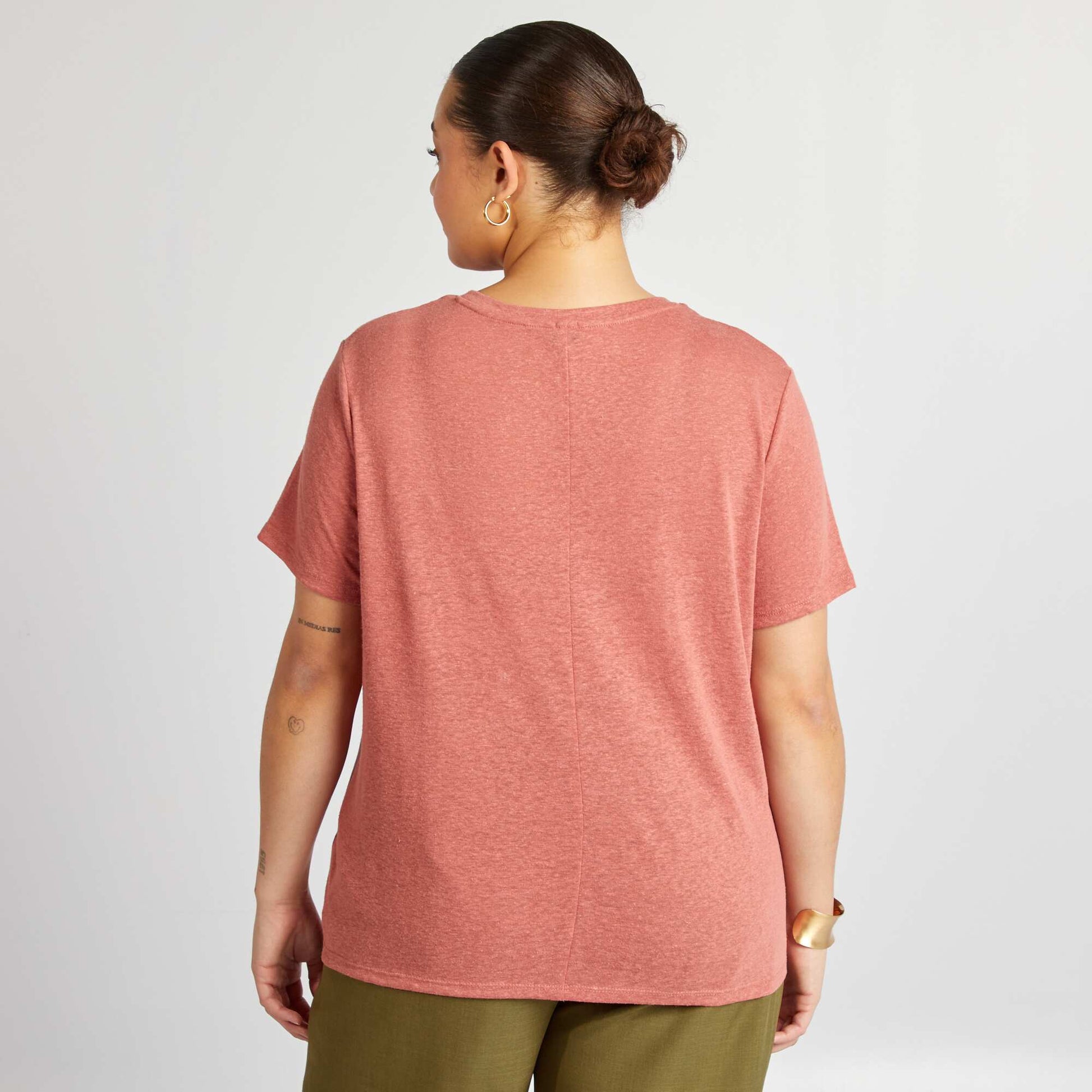 T-shirt col V en lin mélangé ROSE