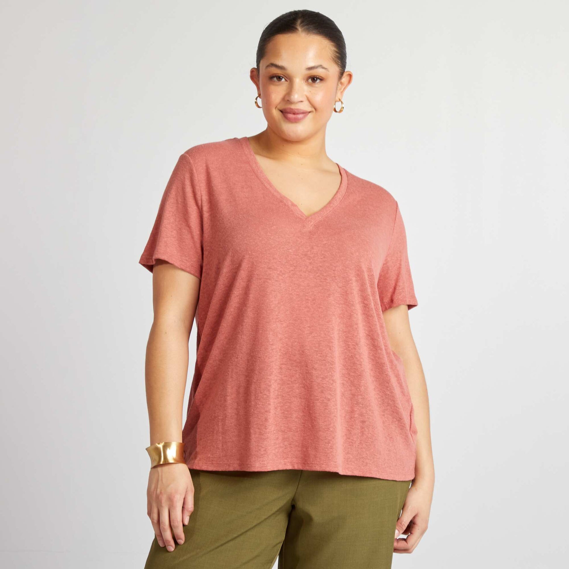 T-shirt col V en lin mélangé ROSE