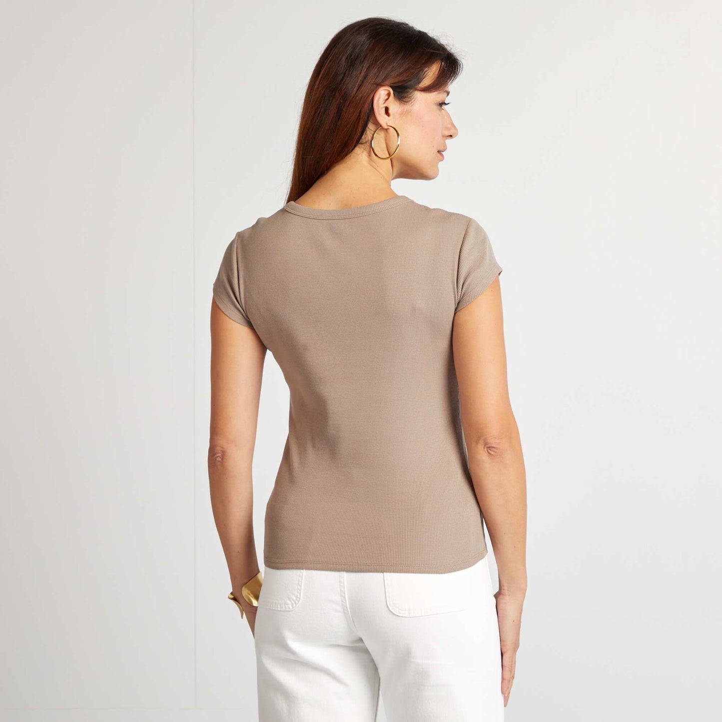 T-shirt à manches courtes maille côtelée BEIGE