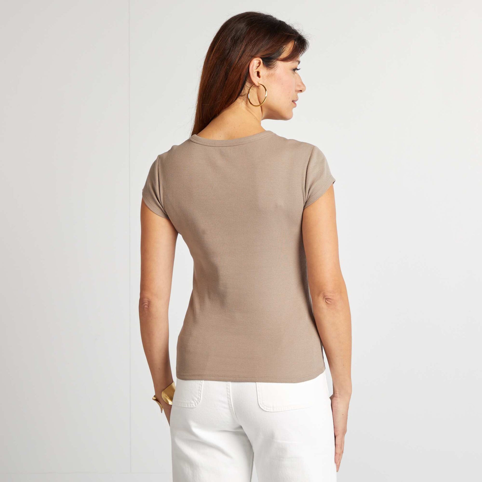 T-shirt à manches courtes maille côtelée BEIGE