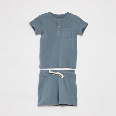 Ensemble pyjama court t-shirt + short en maille gaufrée - 2 pièces BLEU