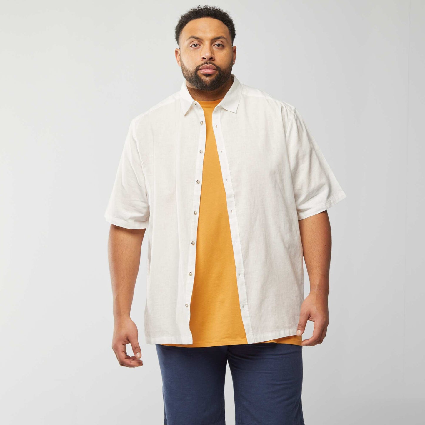 Chemise en lin mélangé à manches courtes BLANC