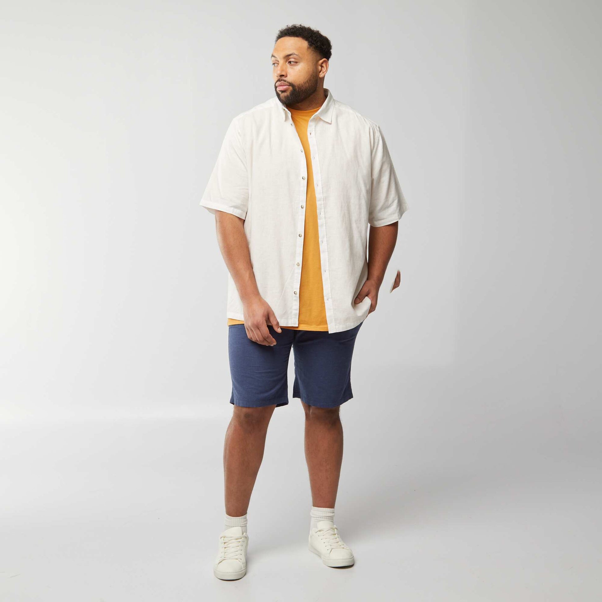 Chemise en lin mélangé à manches courtes BLANC