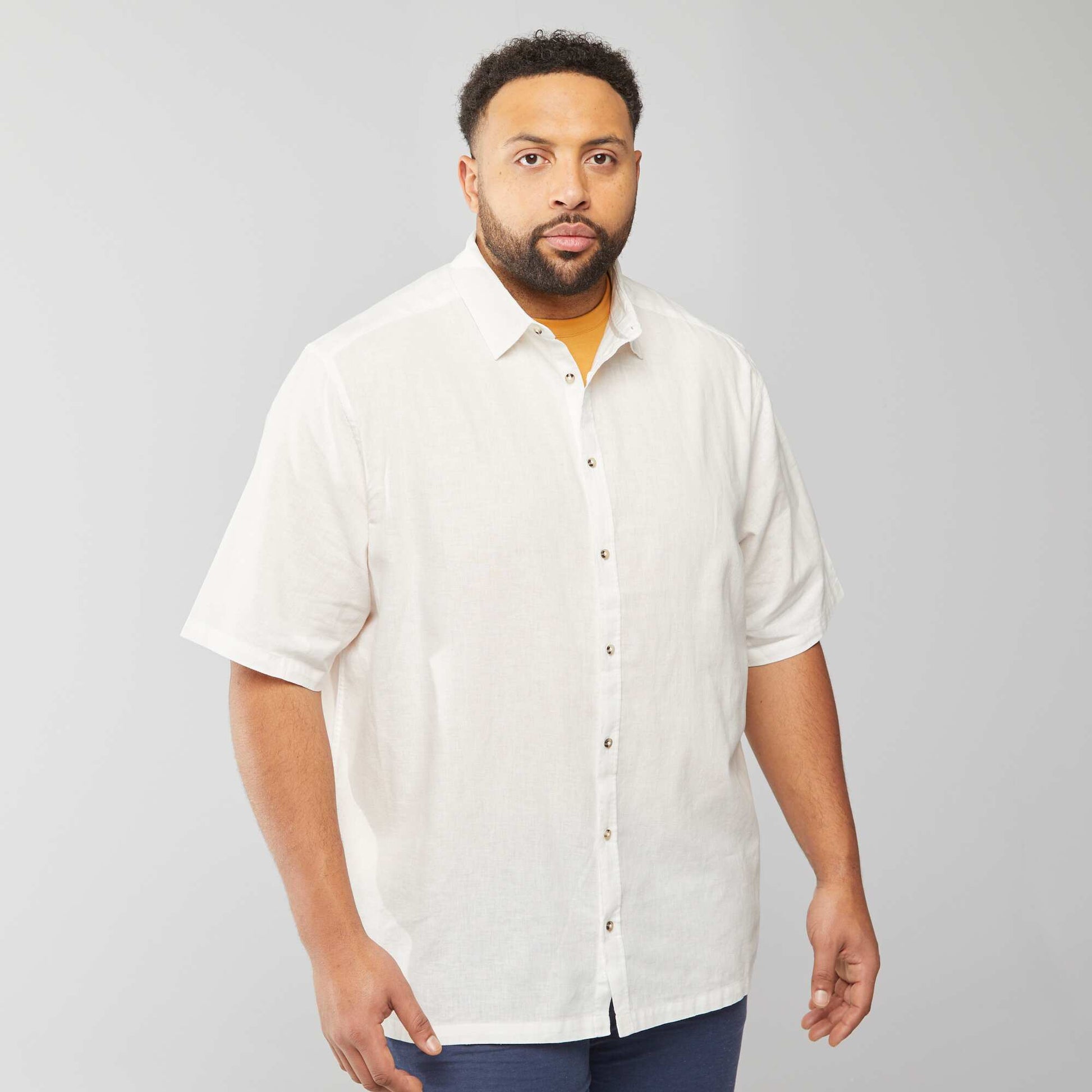 Chemise en lin mélangé à manches courtes BLANC
