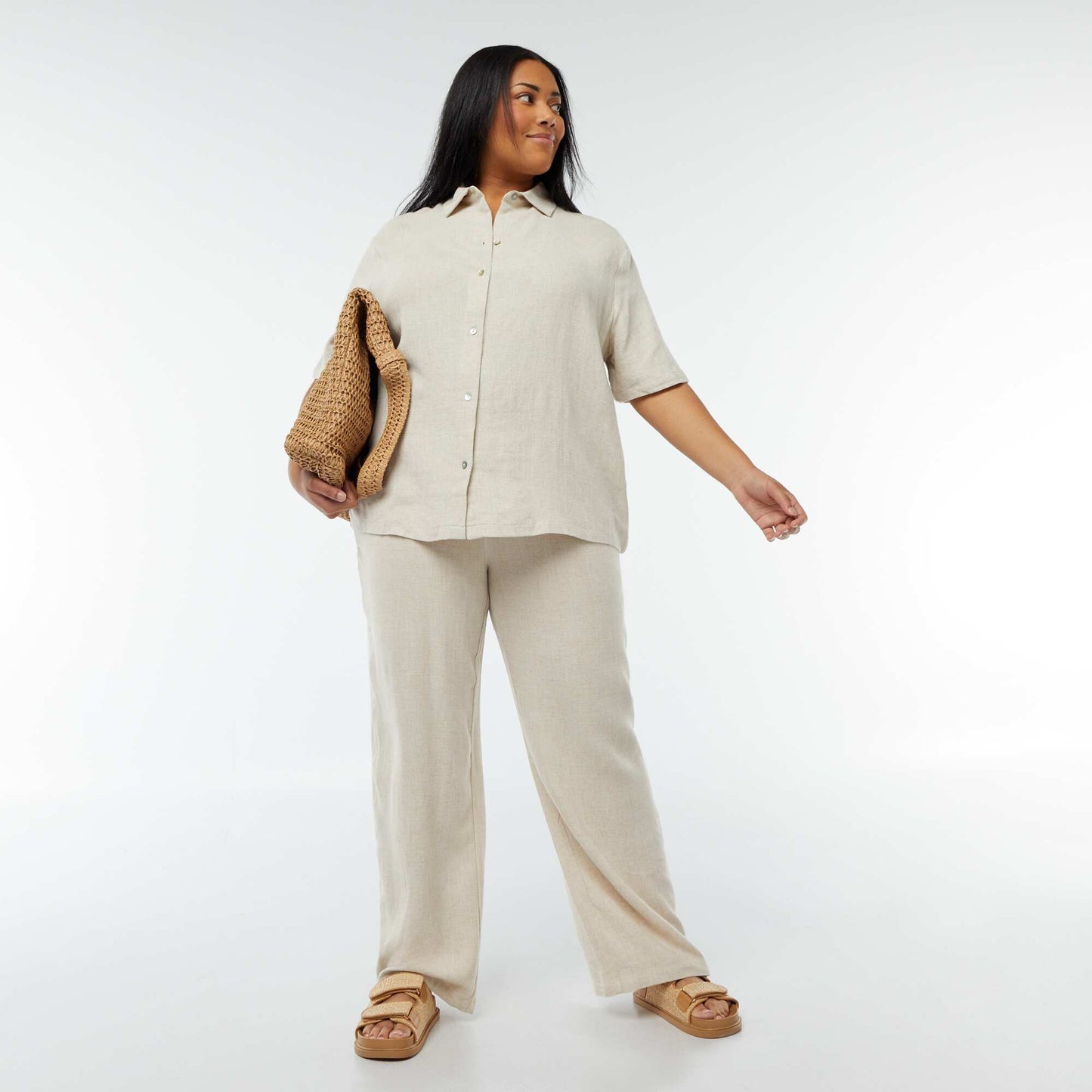 Pantalon droit avec taille élastiquée + liens BLANC