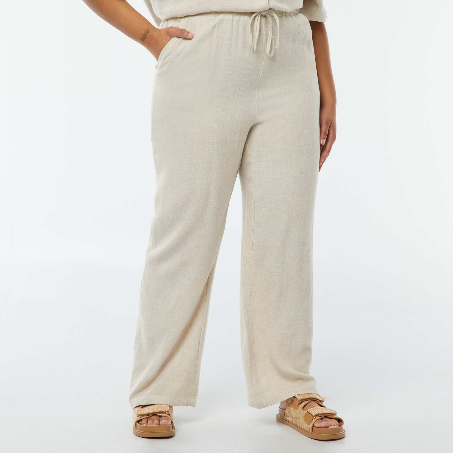 Pantalon droit avec taille élastiquée + liens BLANC