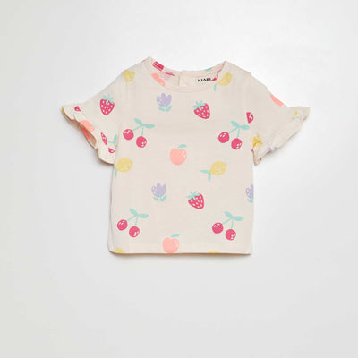 T-shirt manches courtes volantées à imprimé ROSE