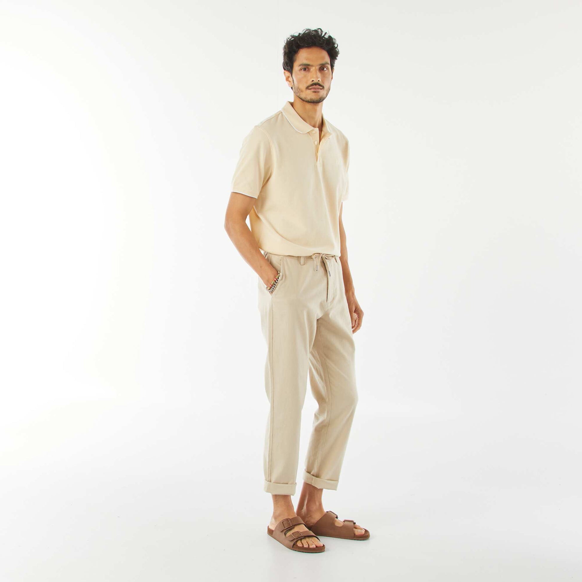 Pantalon chino droit en lin mélangé CRèME
