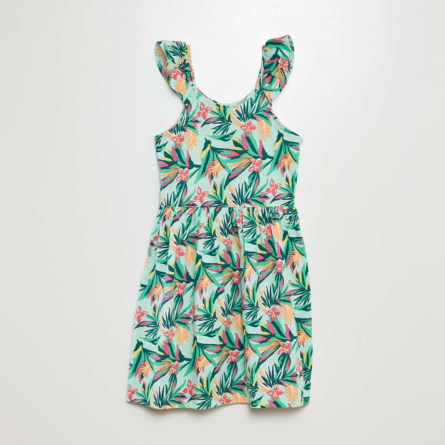 Robe à bretelles volantées à motif VERT FEUILLAGE