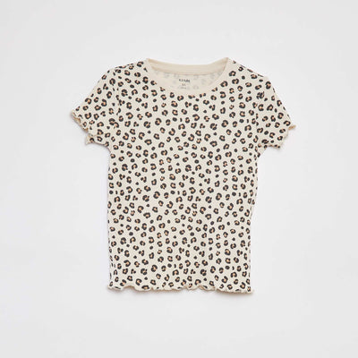 T-shirt côtelé avec bords ondulés et motifs BEIGE