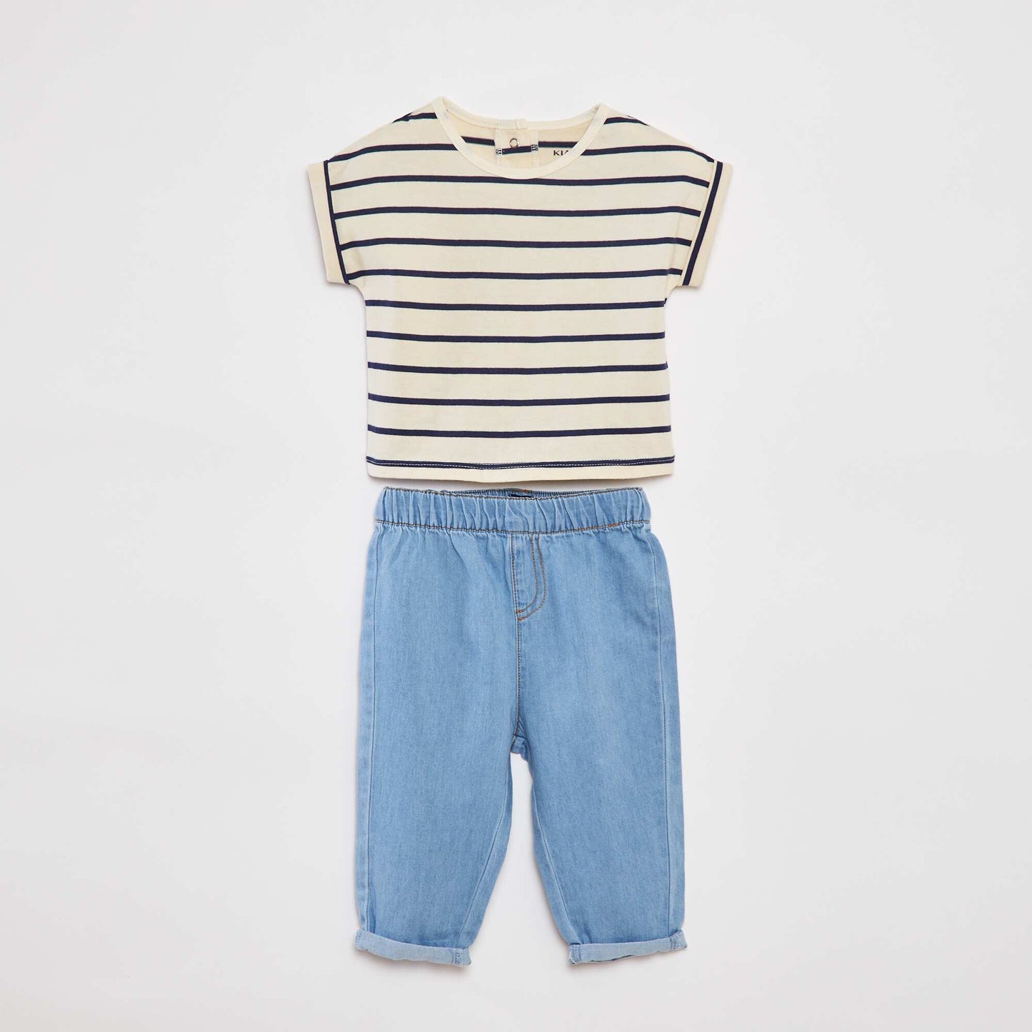Ensemble t-shirt rayé + pantalon en denim - 2 pièces BLANC