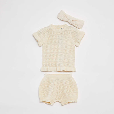 Ensemble en tricot t-shirt + short + bandeau - 3 pièces BLANC