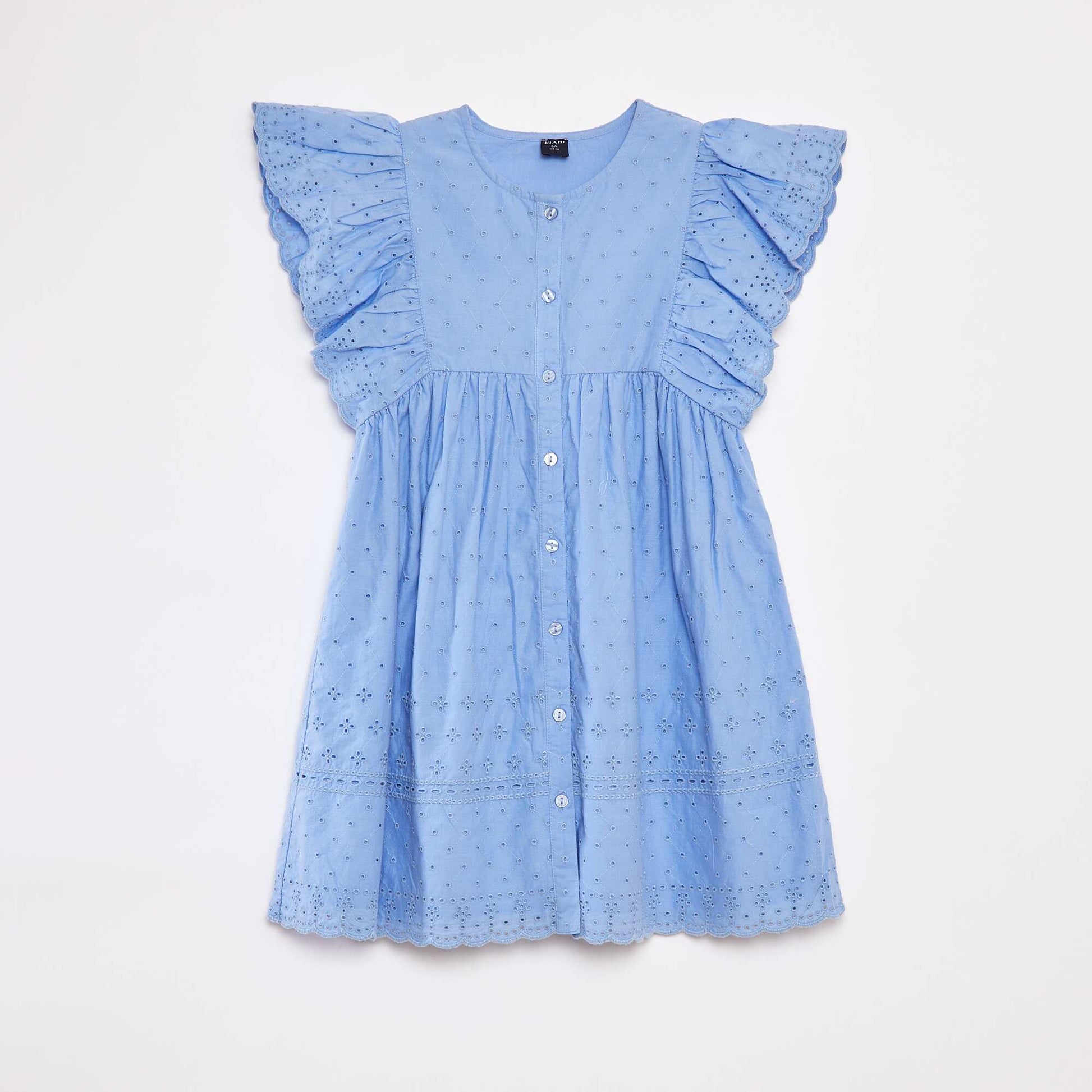 Robe avec broderies all over et volants aux emmanchures BLEU