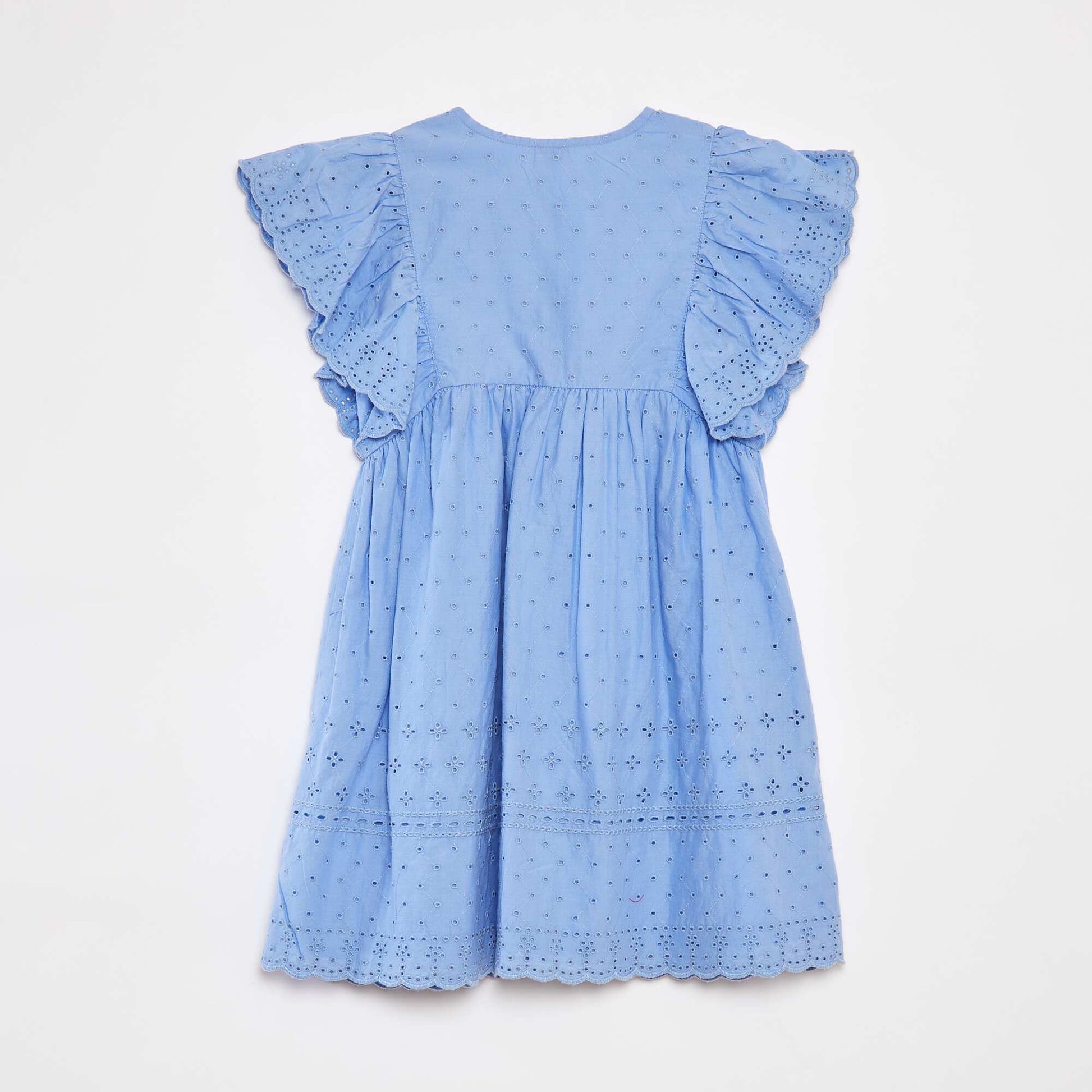 Robe avec broderies all over et volants aux emmanchures BLEU