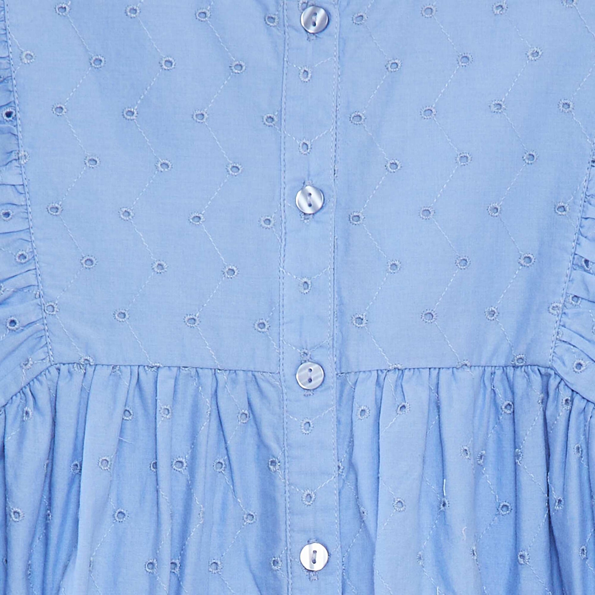 Robe avec broderies all over et volants aux emmanchures BLEU